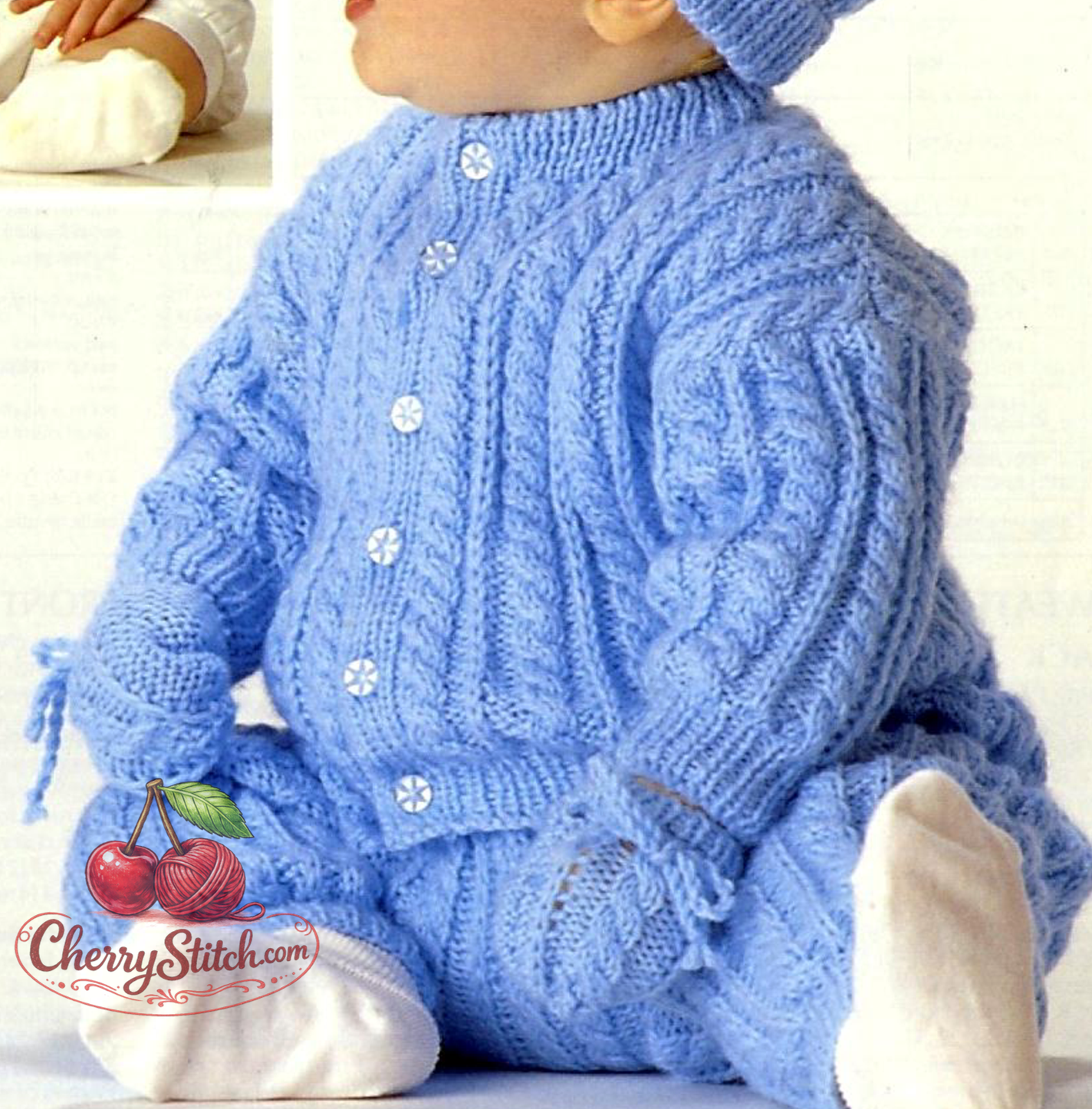 Cable stitch detail from vintage baby and child sweater, cardigan, trousers, hat and mitts knitting pattern — DK 8ply yarn, 14''–24'', premature baby to 4 years.