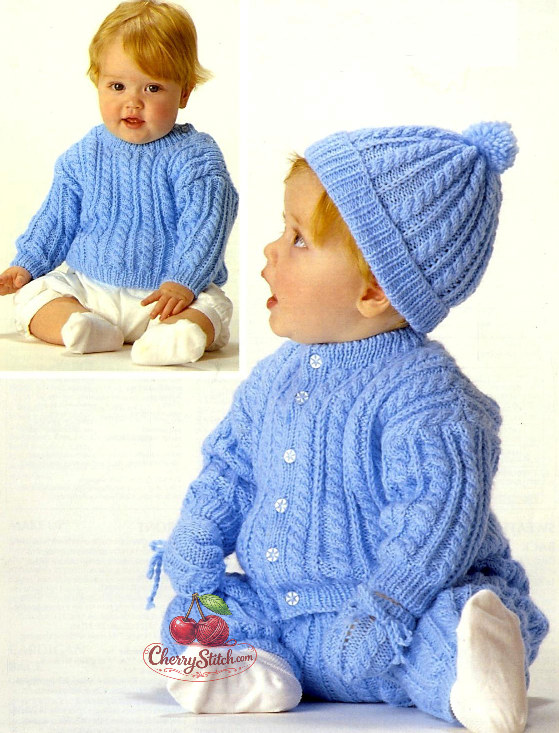 Vintage baby and child cable set knitting pattern — sweater, cardigan, trousers, hat and mitts, worked bottom up. DK 8ply yarn, 14''–24'' (36–61 cm) chest, approx. premature baby to 4 years, 6 sizes. Intermediate knitting.
