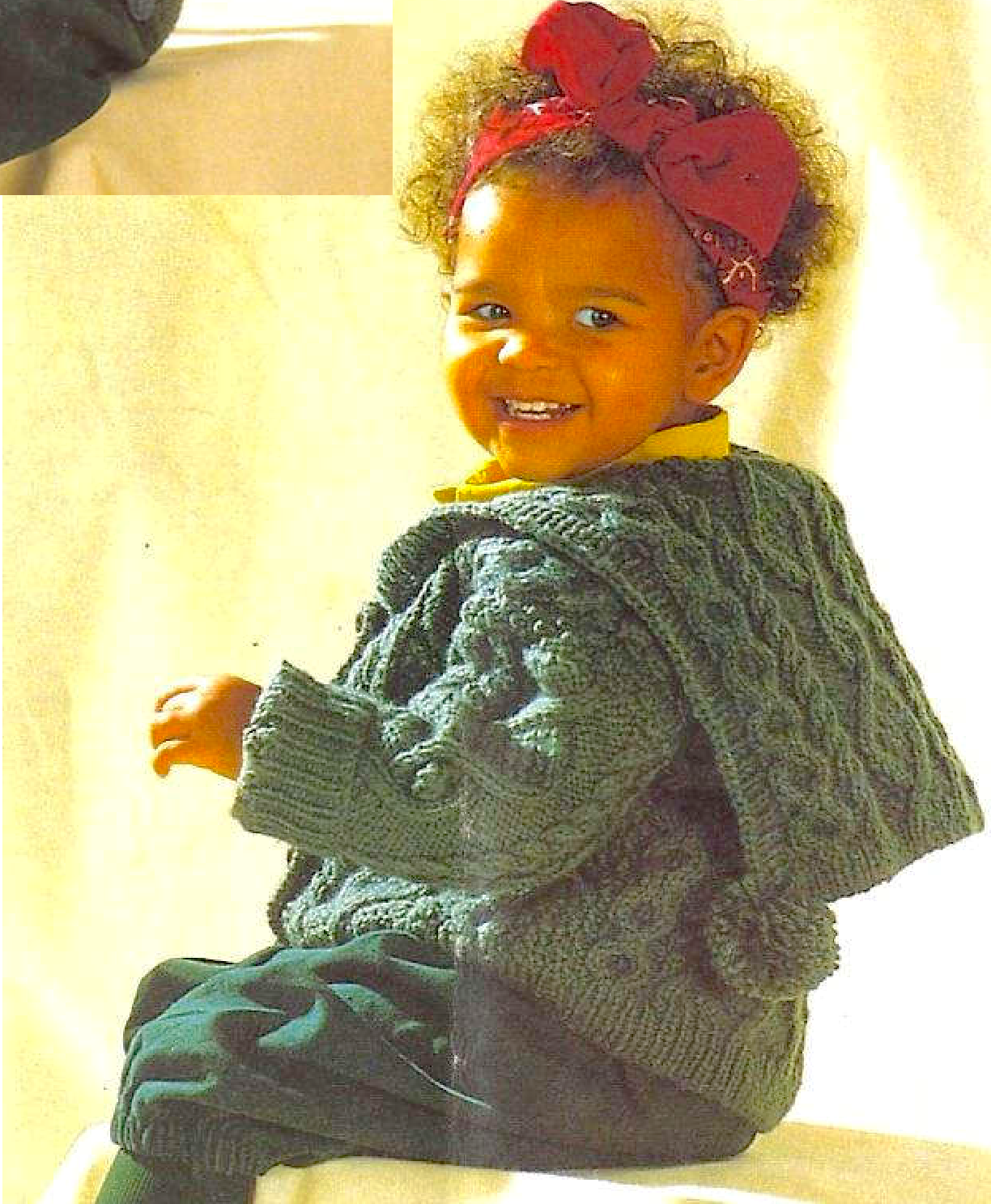 Cable stitch detail from vintage baby and child sailor collar jacket knitting pattern — Aran 10ply yarn, 20''–22'', 1–3 years.