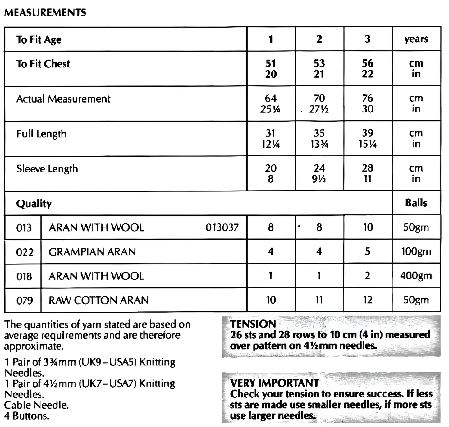 Materials and measurements for vintage baby and child sailor collar cable jacket knitting pattern — Aran 10ply yarn, 3.75mm and 4.5mm needles, cable needle, 4 buttons, 20''–22'' (51–56 cm), 1–3 years.