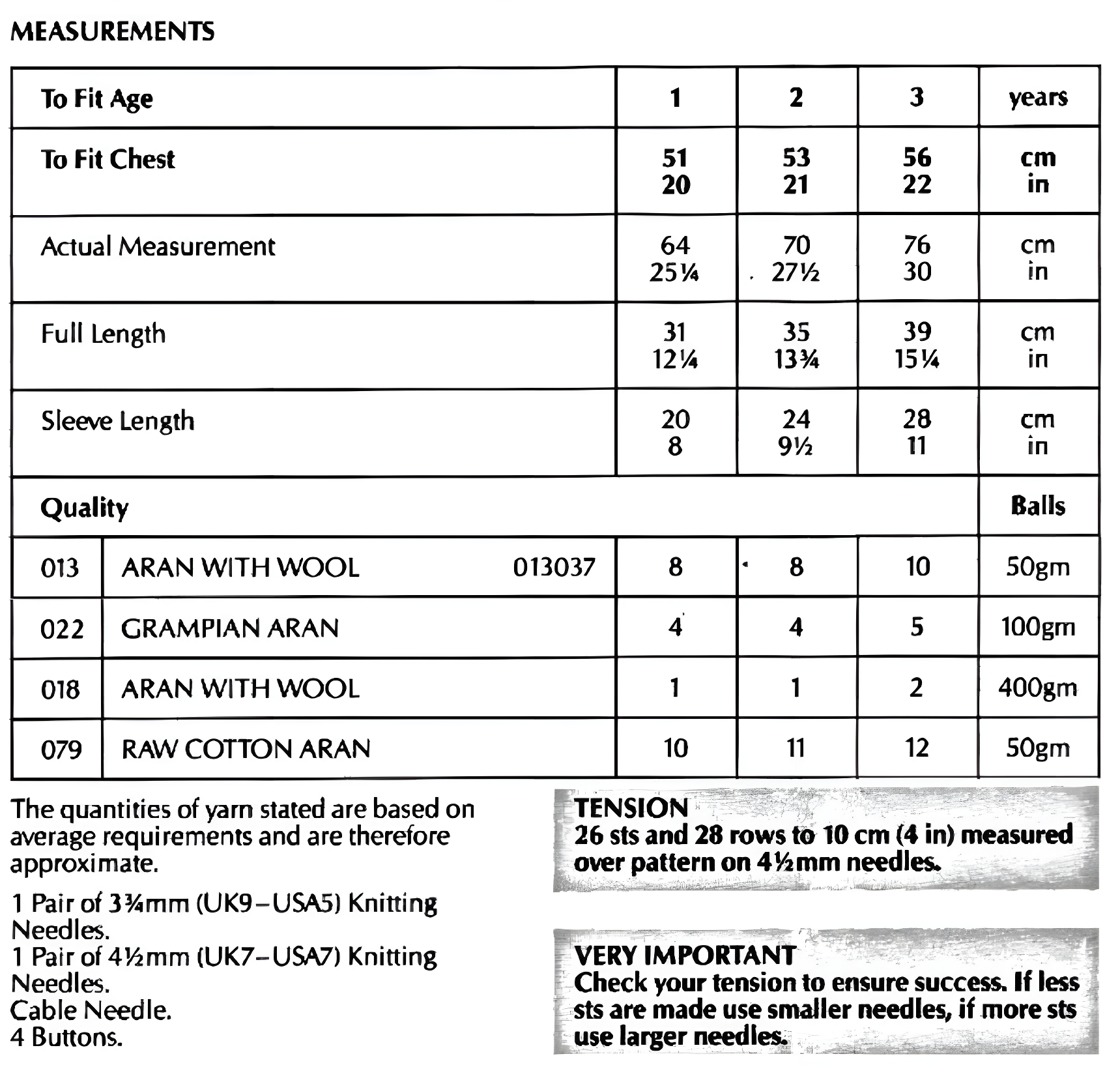Materials and measurements for vintage baby and child sailor collar cable jacket knitting pattern — Aran 10ply yarn, 3.75mm and 4.5mm needles, cable needle, 4 buttons, 20''–22'' (51–56 cm), 1–3 years.