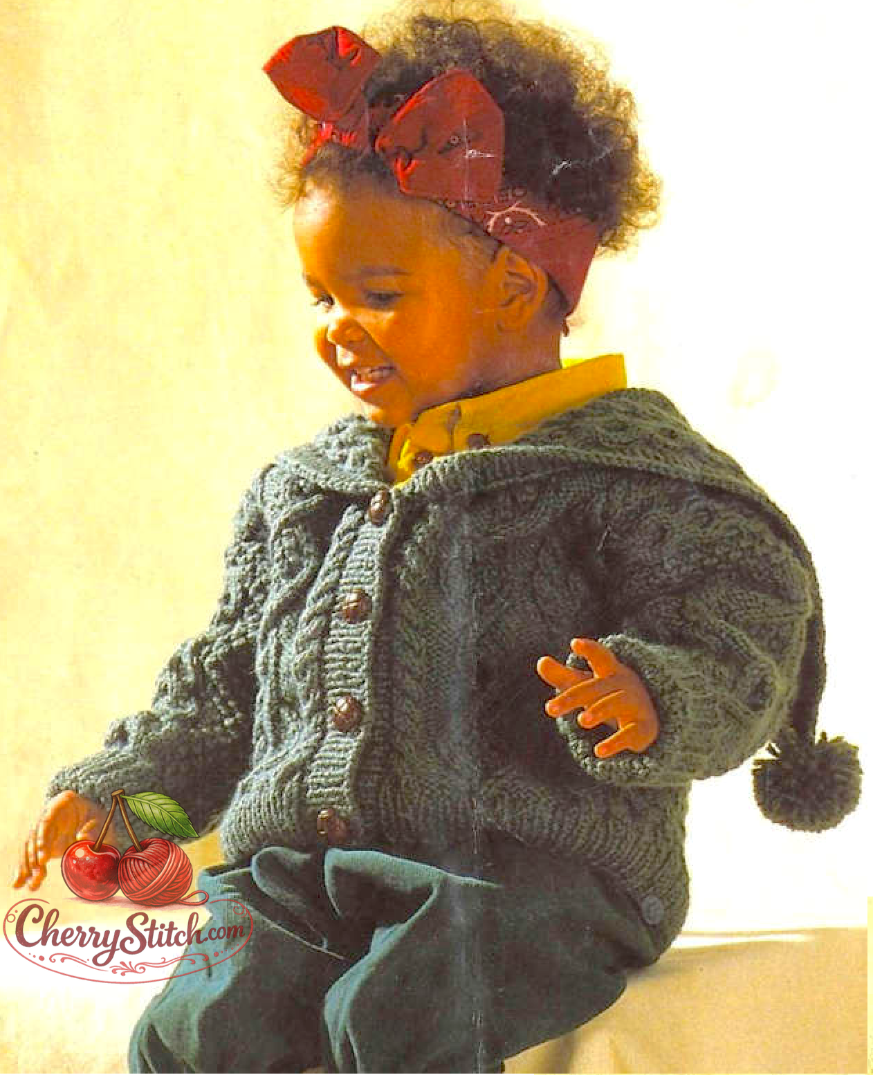 Vintage baby and child sailor collar cable jacket knitting pattern — variety of cable stitch patterns throughout. Aran 10ply yarn, 20''–22'' (51–56 cm) chest, approx. 1–3 years. Intermediate knitting.
