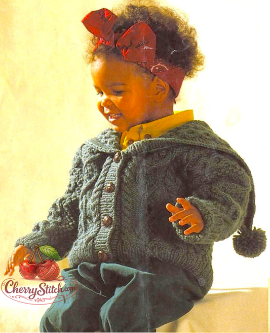 Vintage baby and child sailor collar cable jacket knitting pattern — variety of cable stitch patterns throughout. Aran 10ply yarn, 20''–22'' (51–56 cm) chest, approx. 1–3 years. Intermediate knitting.