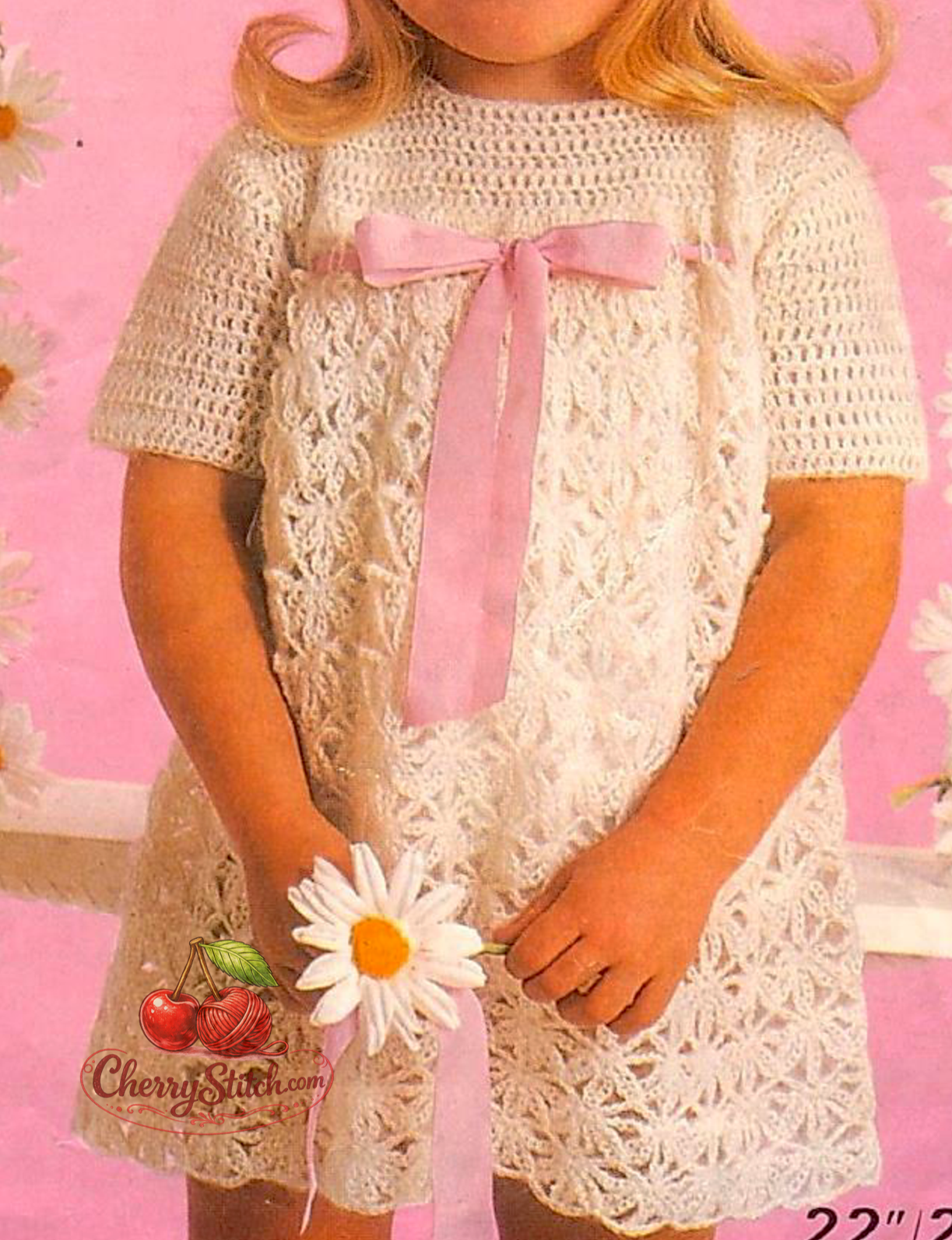 Lace stitch detail from vintage girl's lacy dress crochet pattern — 4ply yarn, 22''–26'', 2–6 years, 1970s.