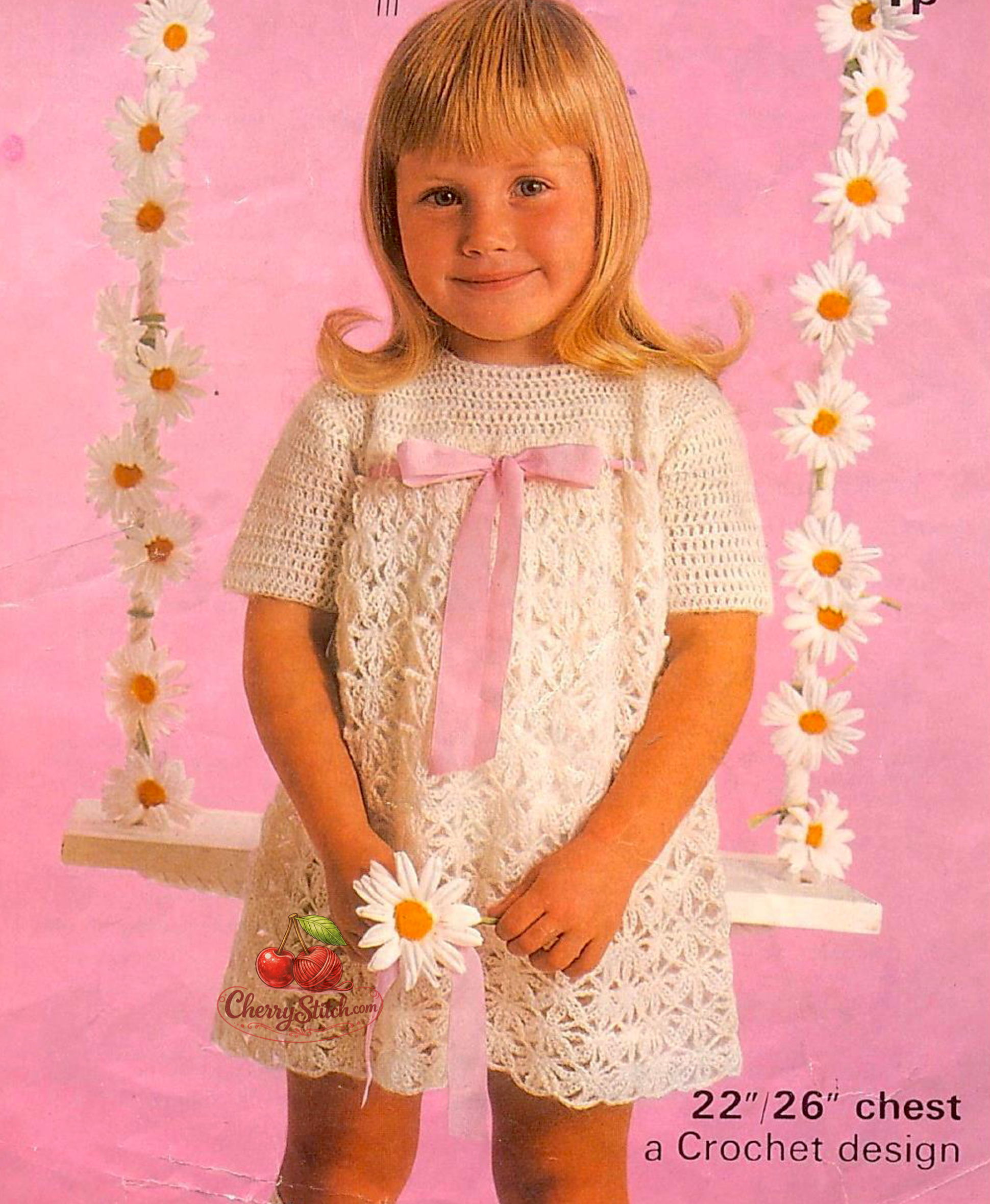 Vintage girl's lacy dress crochet pattern — delicate lace stitch, perfect for summer, beach and special occasions. UK crochet terms. 4ply yarn, 22''–26'' (56–66 cm) chest, approx. 2–6 years. Intermediate crochet. 1970s.
