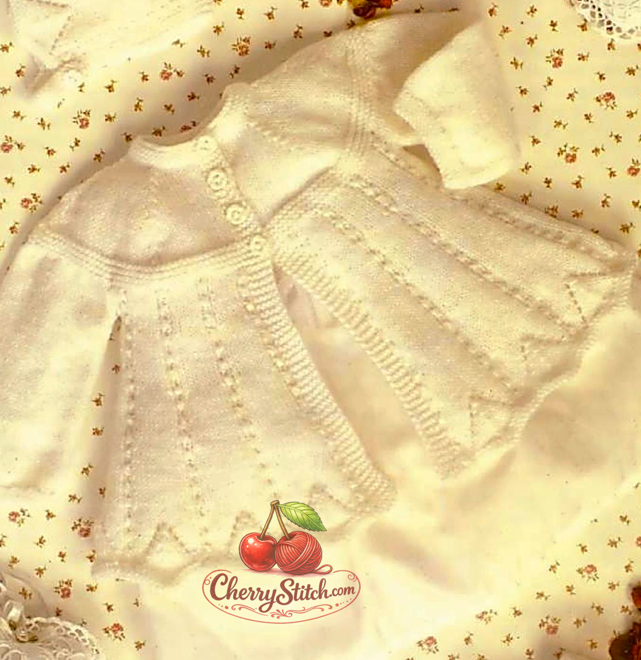 Lacy detail from vintage baby matinee jacket, bonnet and bootees knitting pattern — christening set, 4ply yarn, 14''–18'', premature baby to 6 months.