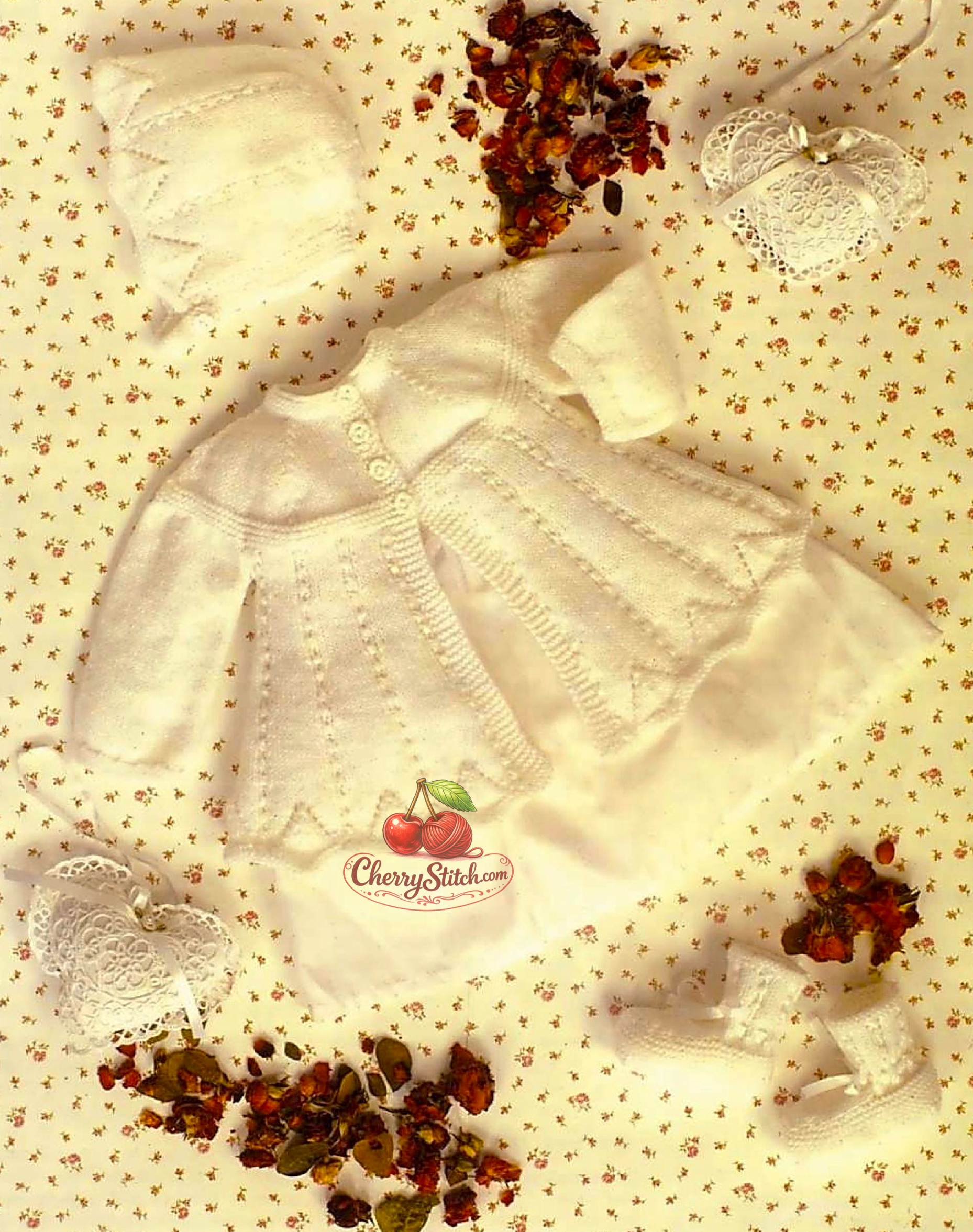Vintage baby matinee jacket, bonnet and bootees knitting pattern — lacy details throughout, perfect for christenings and special occasions. Jacket worked in one piece to armholes, bottom up. 4ply yarn, 14''–18'' (35–45 cm) chest, approx. premature baby to 6 months. Intermediate knitting.
