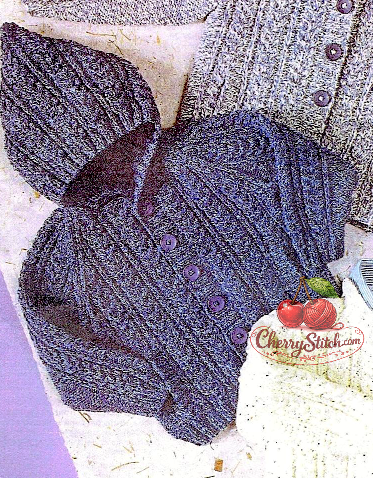 Cable stitch detail from vintage child cable raglan sweater and jacket knitting pattern — hooded or neckband, Aran 10ply yarn, 20''–30'', 1–10 years.
