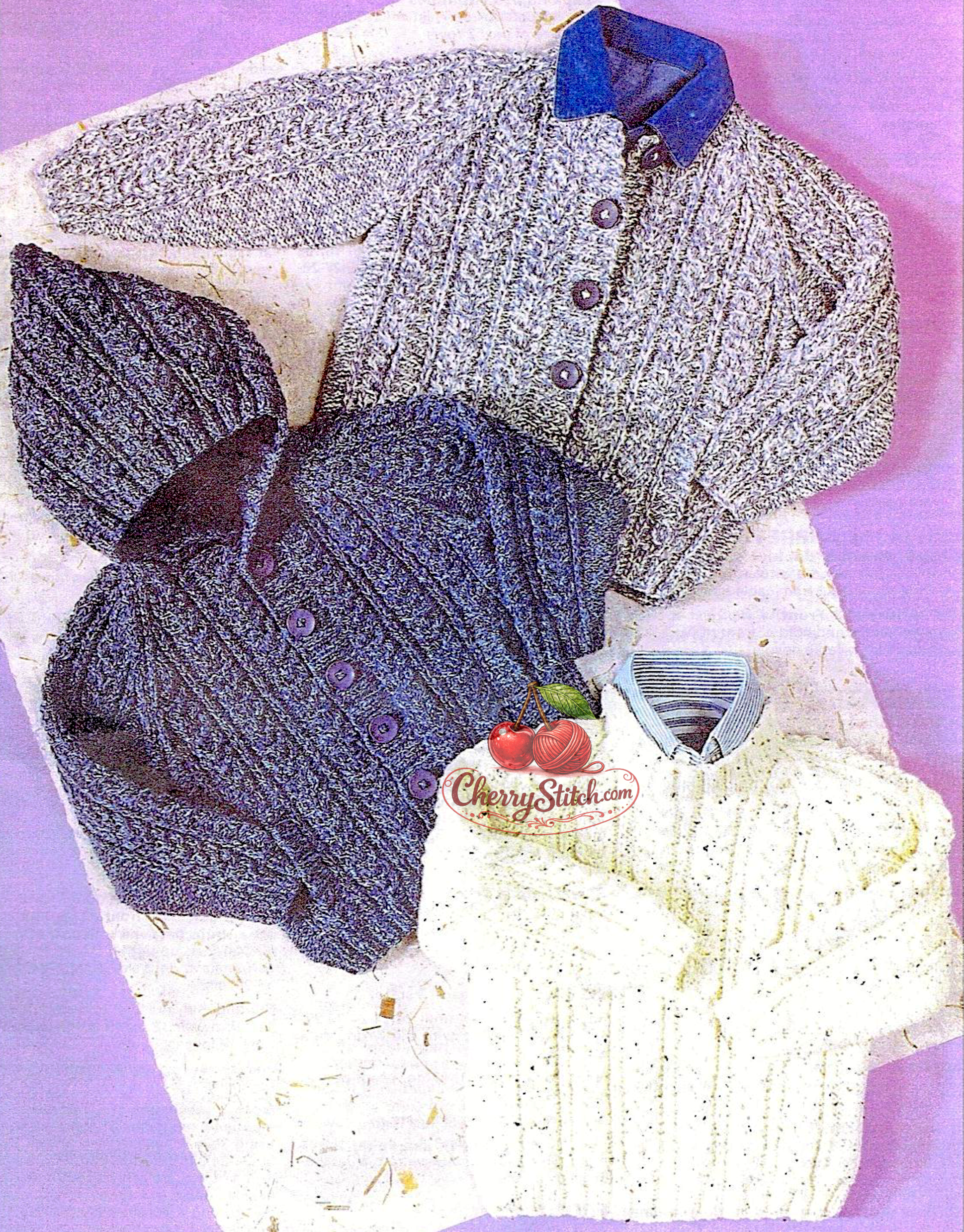 Vintage boy and girl cable raglan sweater and jacket knitting pattern — hooded or neckband jacket, worked bottom up. Aran 10ply yarn, 20''–30'' (50–75 cm) chest, approx. 1–10 years, 6 sizes. Intermediate knitting.
