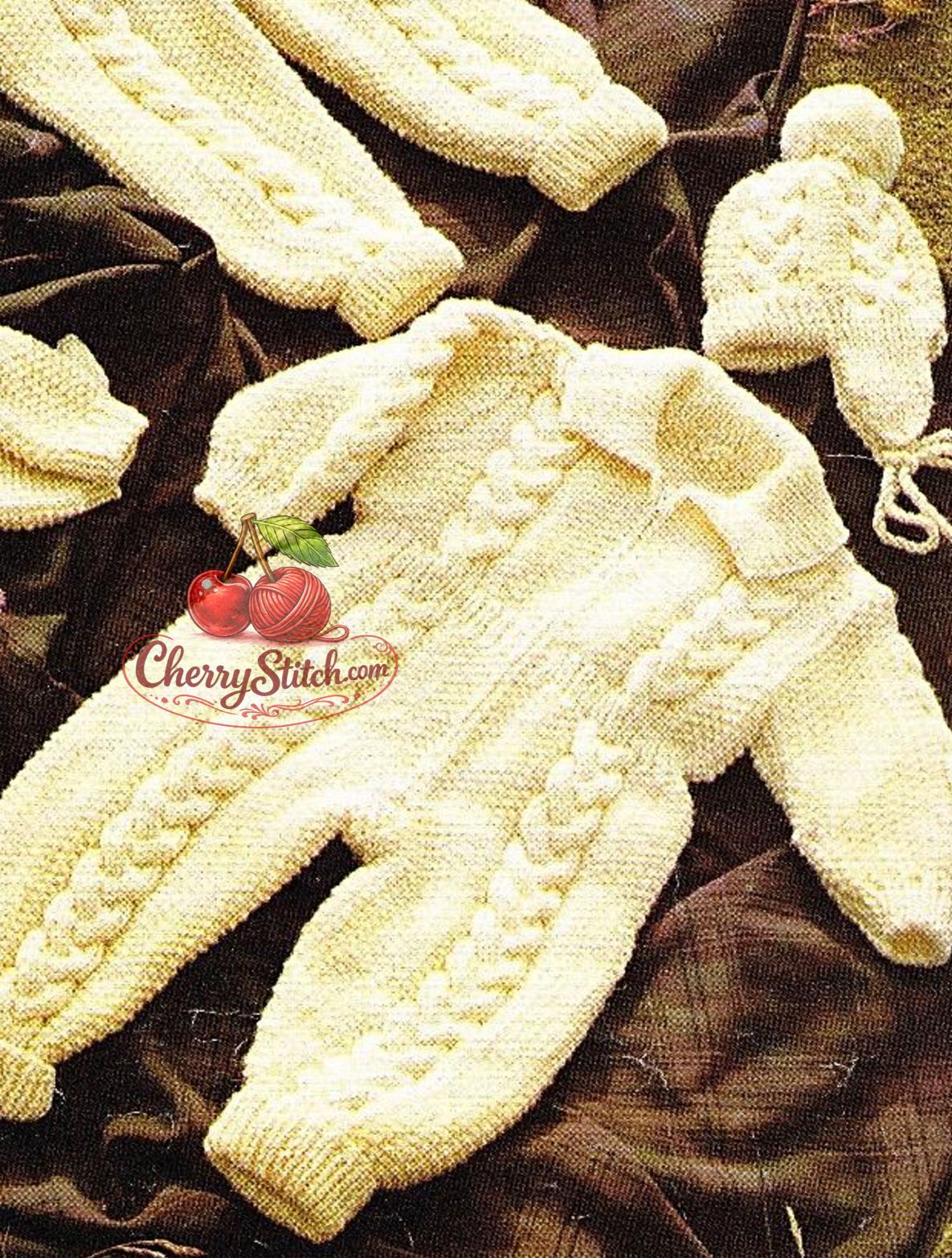 Cable panel detail from vintage baby Aran all-in-one suit, hat and mittens knitting pattern — collar or hood, Aran 10ply yarn, 16''–22'', birth to 2 years.