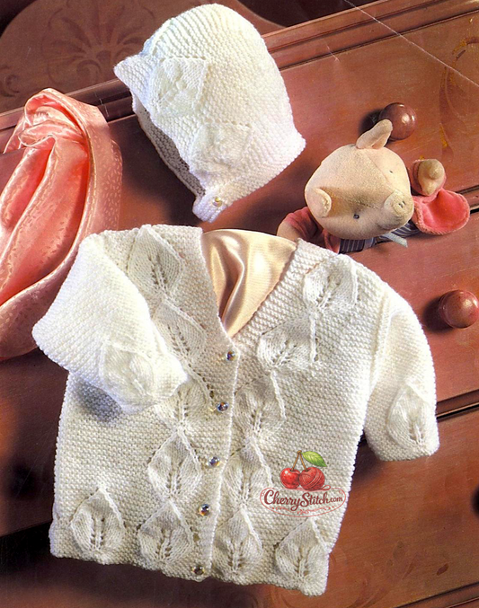 Vintage baby jacket and bonnet knitting pattern — leaf panels throughout, V-neck, worked in one piece to armholes, bottom up. Large print. 4ply yarn, 16''–20'' (41–51 cm) chest, approx. birth to 12 months. Intermediate knitting.