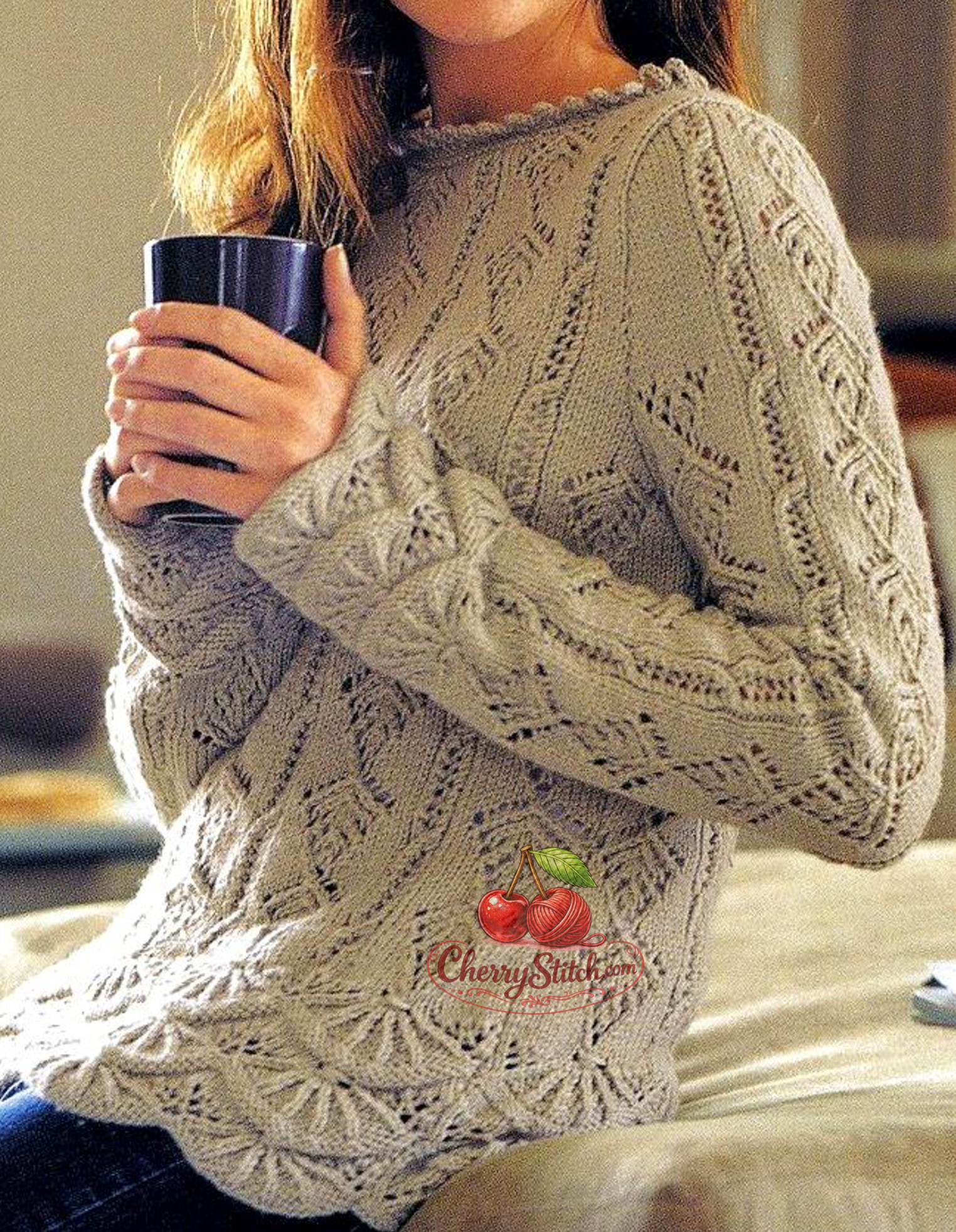Lace and cable detail from vintage women's sweater knitting pattern — scalloped edge and cuffs, chart lace, DK 8ply yarn, 32''–42''.