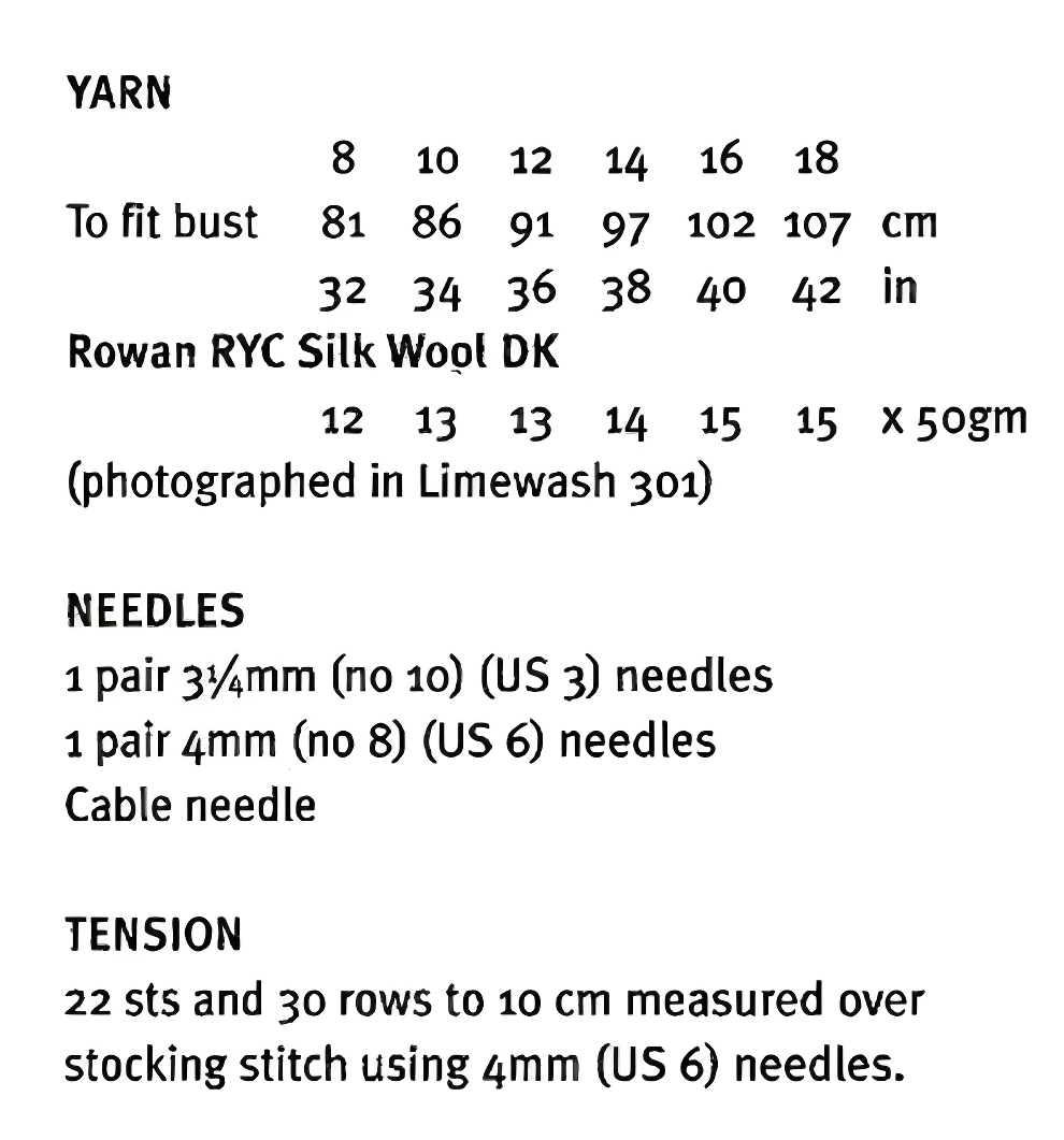 Materials and measurements for vintage women's lace and cable sweater knitting pattern — scalloped edge and cuffs, DK 8ply yarn, 3.25mm and 4mm needles, cable needle, 32''–42'' bust.