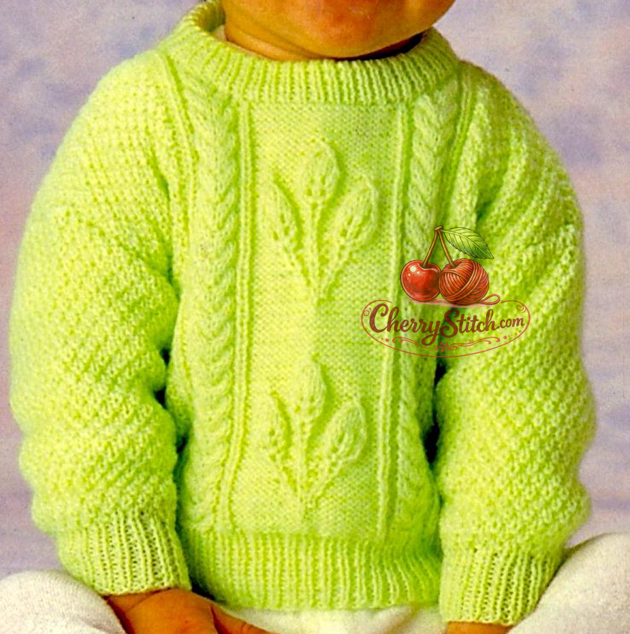 Cable and leaf centre panel detail from vintage baby and child sweater knitting pattern — 4ply yarn, 14''–24'', premature baby to 4 years.

