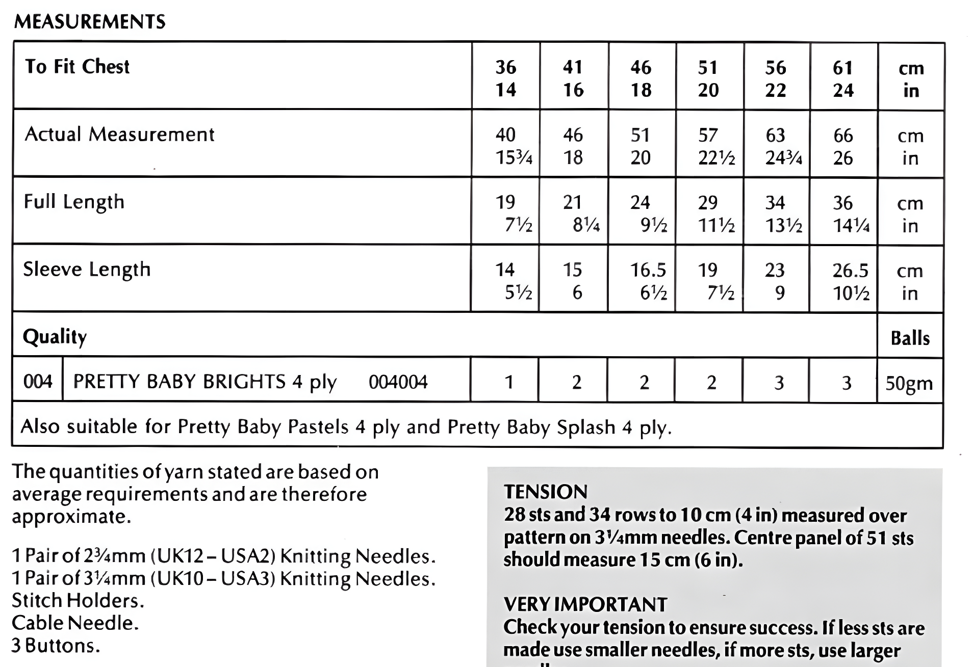Materials and measurements for vintage baby and child cable and leaf panel sweater knitting pattern — 4ply yarn, 3.25mm and 2.75mm needles, cable needle, stitch holders, buttons, 14''–24'' (36–61 cm), premature baby to 4 years.

