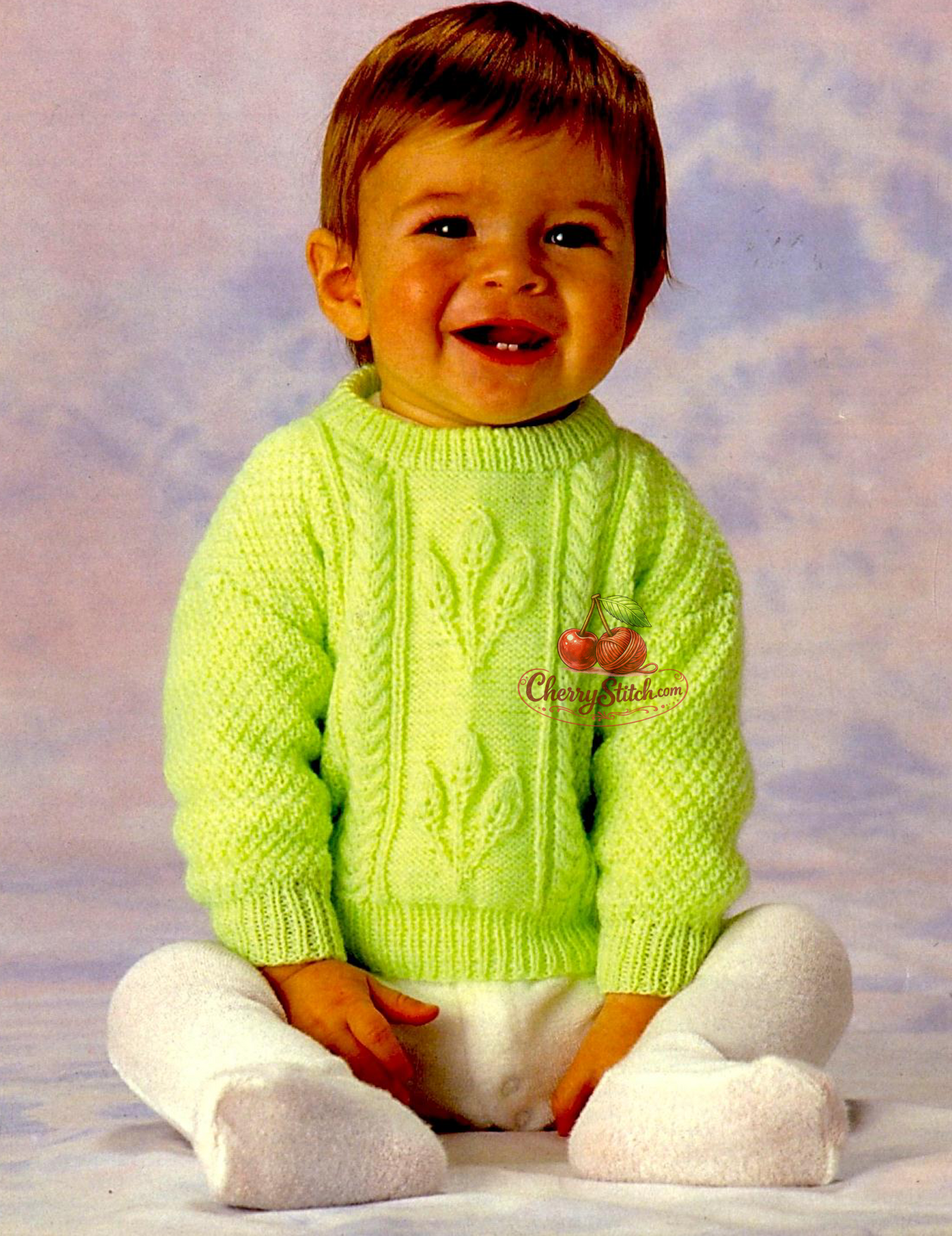 Vintage baby and child cable and leaf panel sweater knitting pattern — pretty cable and leaf centre panel, worked bottom up. Large print. 4ply yarn, 14''–24'' (36–61 cm) chest, approx. premature baby to 4 years, 6 sizes. Intermediate knitting.