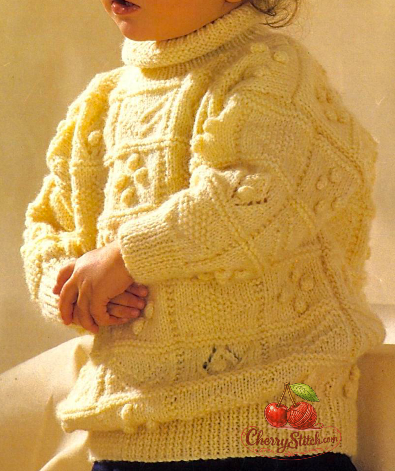 Bobble and textured stitch detail from vintage baby toddler sampler sweater knitting pattern — DK 8ply yarn, 21''–22'', 18–36 months.

