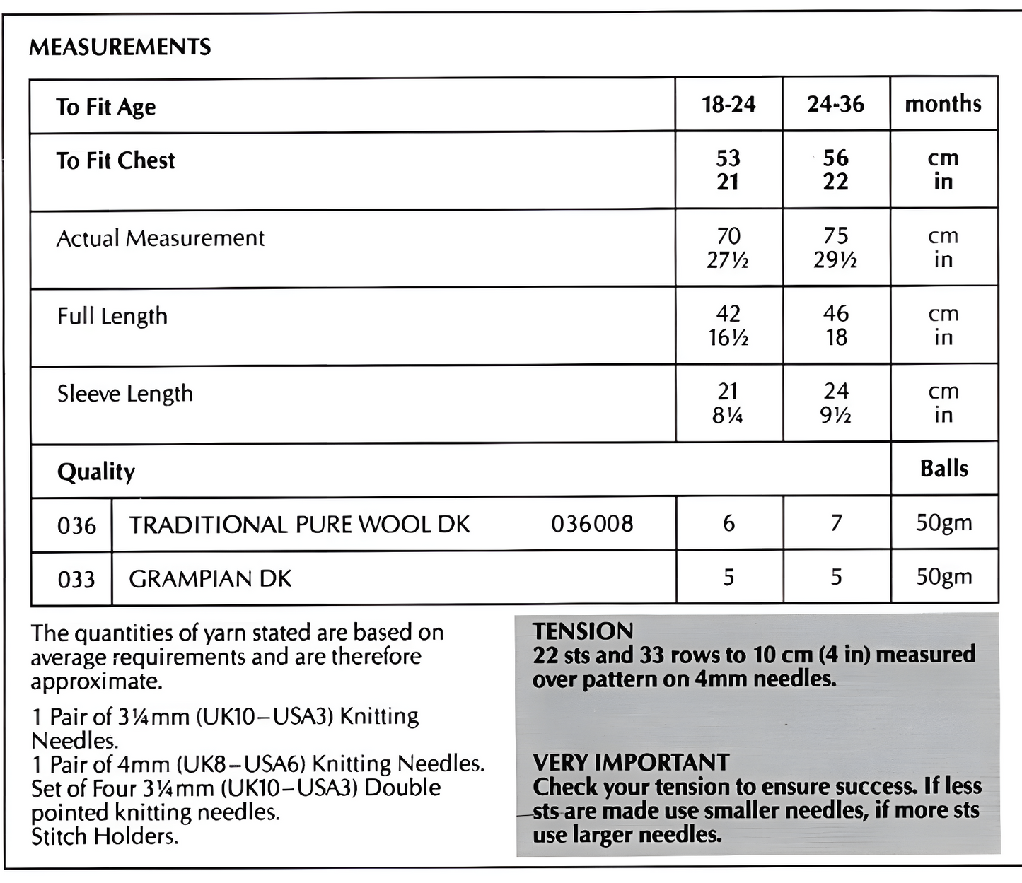 Materials and measurements for vintage baby and toddler sampler sweater knitting pattern — bobble and textured stitch, DK 8ply yarn, 3.25mm and 4mm needles, 21''–22'' (53–56 cm), 18–36 months.

