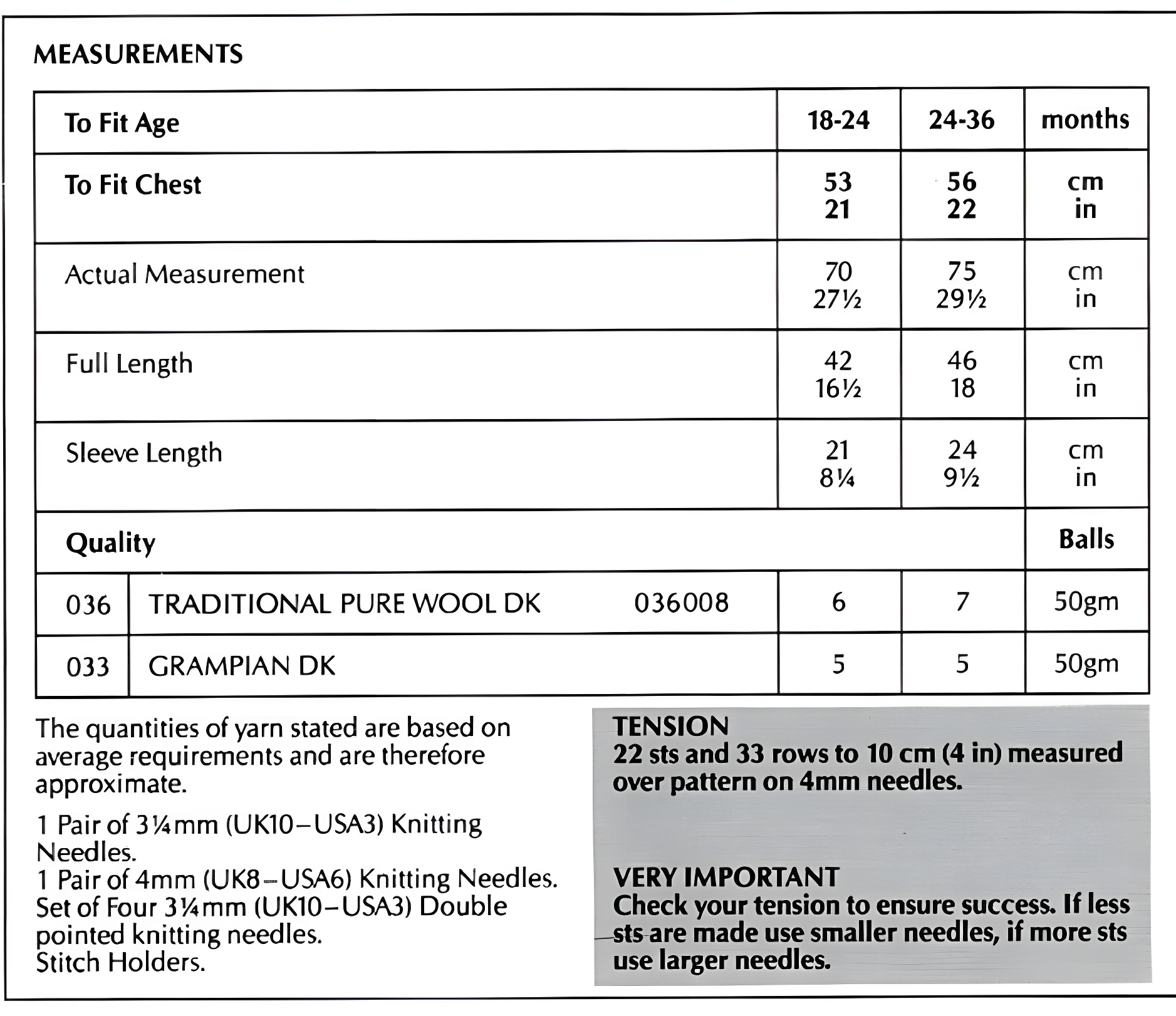 Materials and measurements for vintage baby and toddler sampler sweater knitting pattern — bobble and textured stitch, DK 8ply yarn, 3.25mm and 4mm needles, 21''–22'' (53–56 cm), 18–36 months.

