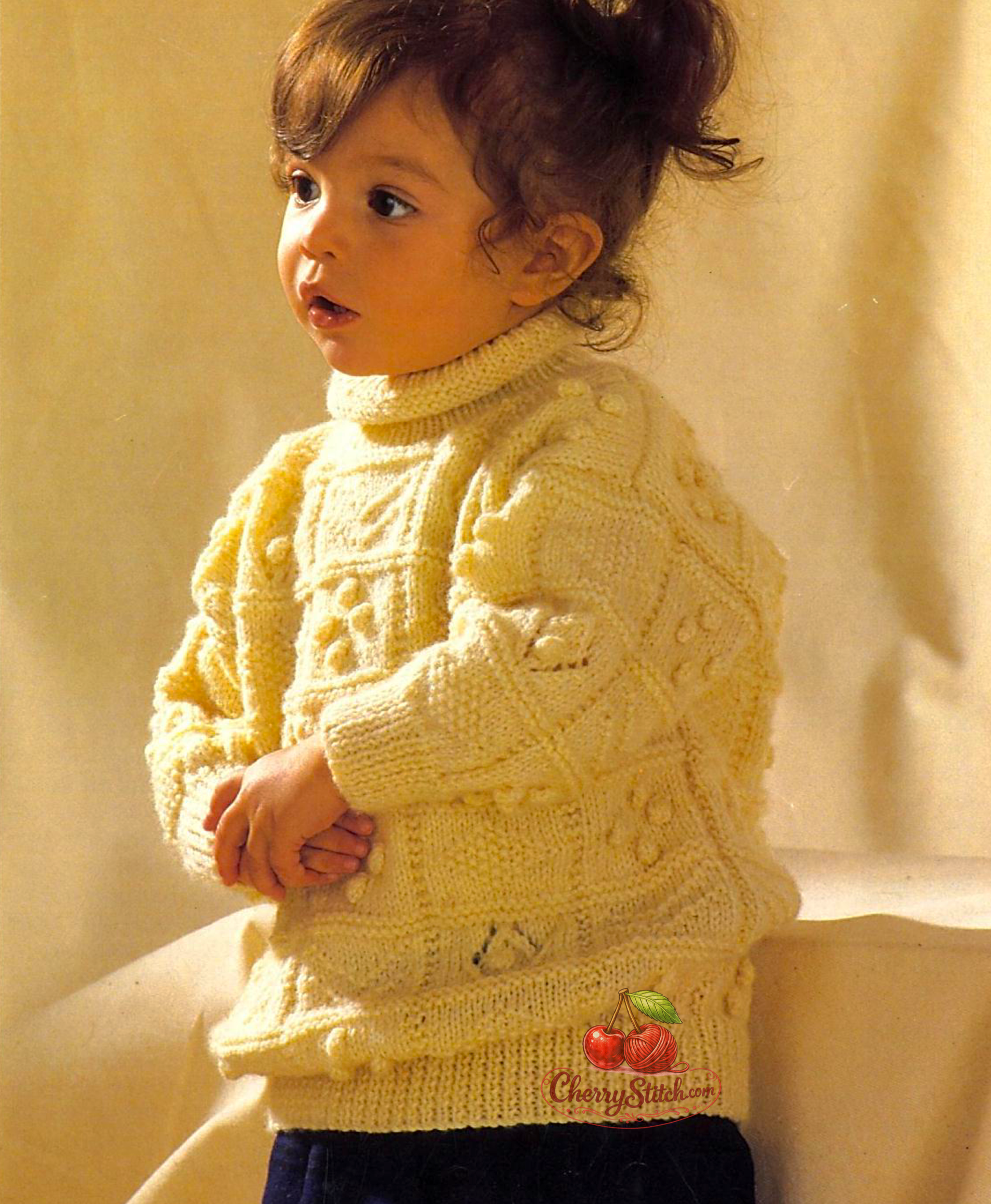 Vintage baby and toddler sampler sweater knitting pattern — variety of textured and bobble stitch patterns throughout, worked bottom up. Large print. DK 8ply yarn, 21''–22'' (53–56 cm) chest, approx. 18–36 months. Intermediate knitting.

