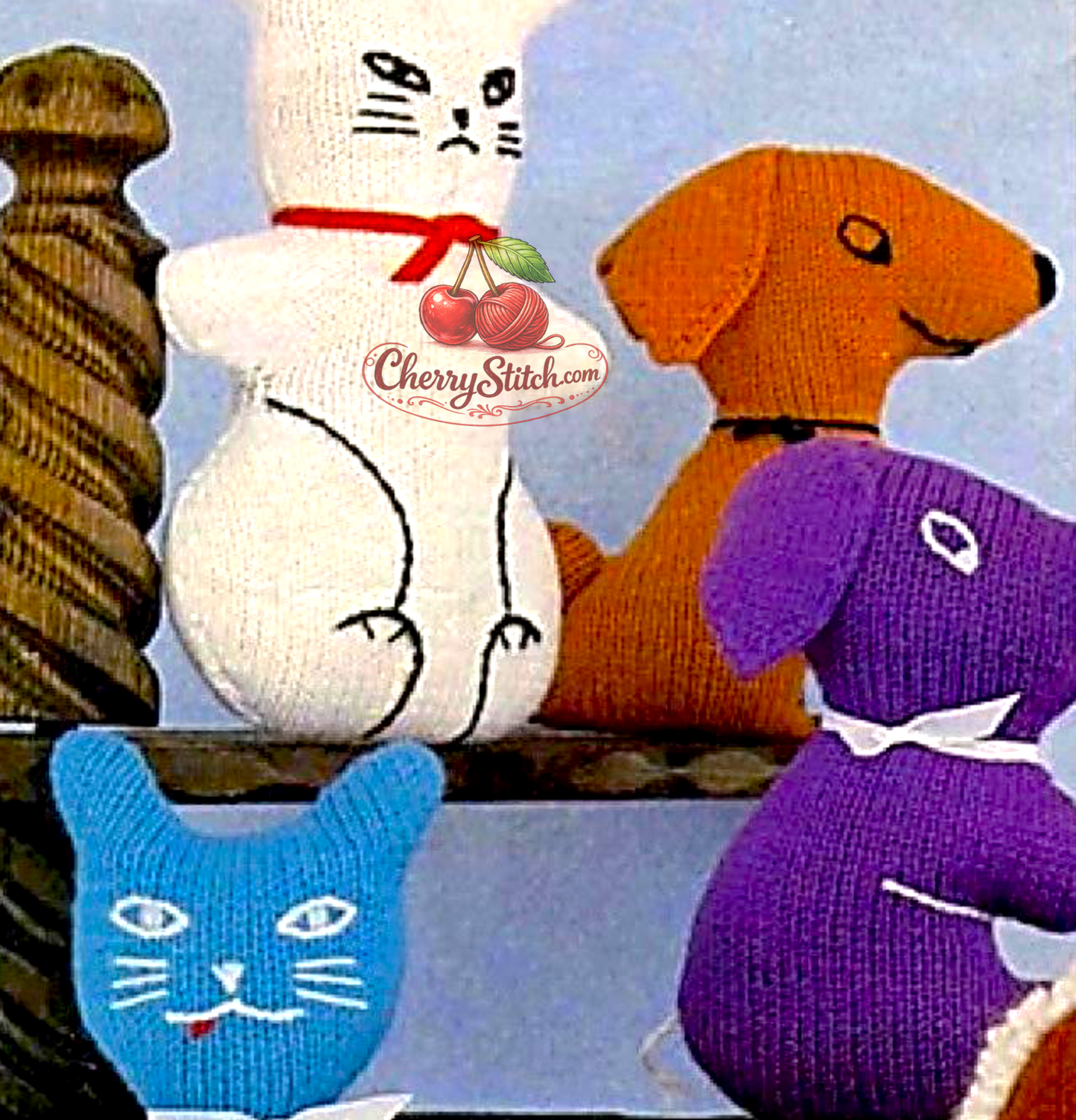 Detail from vintage animal soft toy knitting pattern — dog, cat, rabbit, horse and elephant, DK 8ply yarn, approx. 9''–12'' tall, 1970s.
