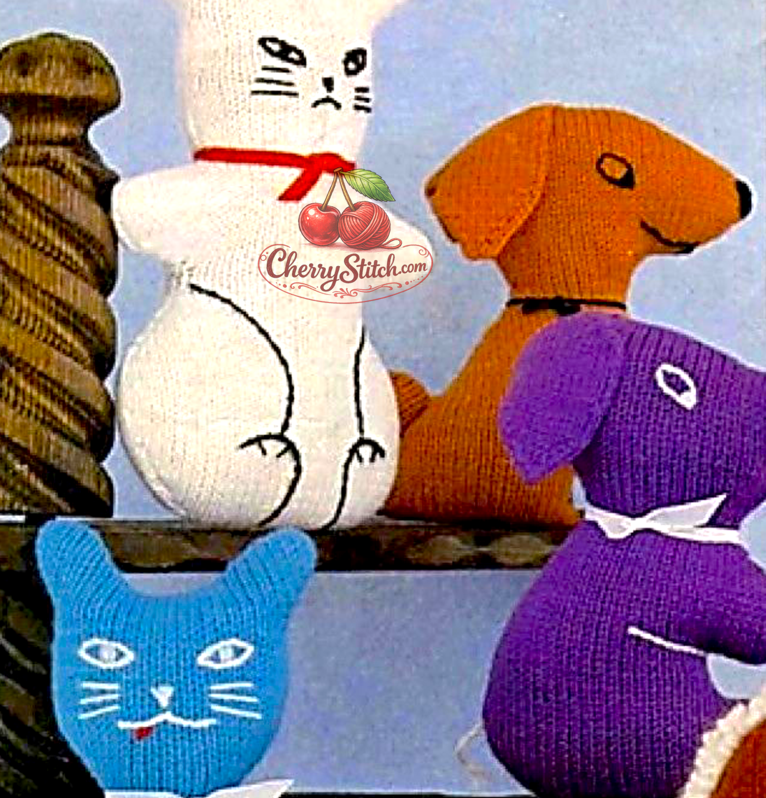 Detail from vintage animal soft toy knitting pattern — dog, cat, rabbit, horse and elephant, DK 8ply yarn, approx. 9''–12'' tall, 1970s.
