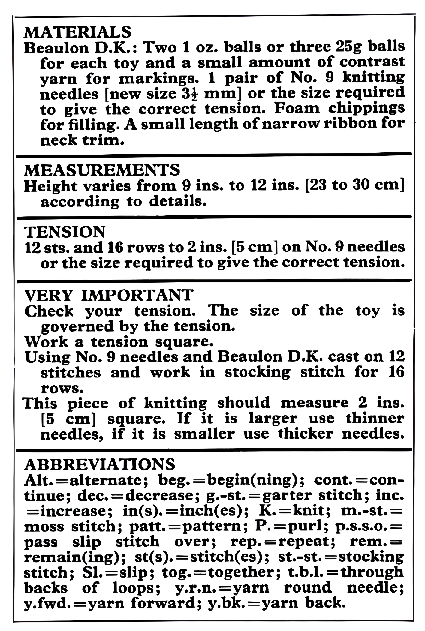 Materials and measurements for vintage animal soft toy knitting pattern — dog, cat, rabbit, horse and elephant, DK 8ply yarn, 3.75mm needles, approx. 9''–12'' (23–30 cm) tall.

