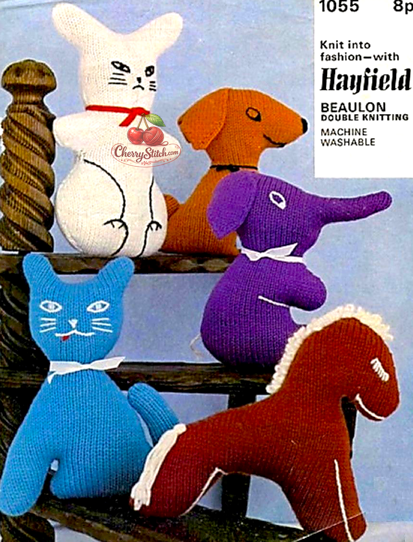 Vintage animal soft toy knitting pattern — dog, cat, rabbit, horse and elephant, easy knit, worked with two needles. DK 8ply yarn, approx. 9''–12'' (23–30 cm) tall. Easy knitting. 1970s.
