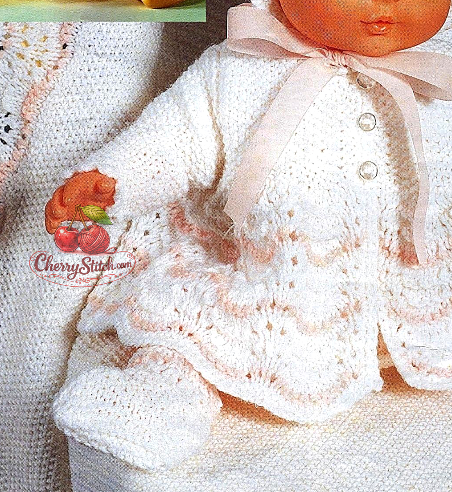 Moss stitch and lace stitch detail from vintage baby doll layette knitting pattern — shawl, dress, matinee coat, bonnet, pants and bootees, 4ply yarn, fits 9.5''–16'' dolls.

