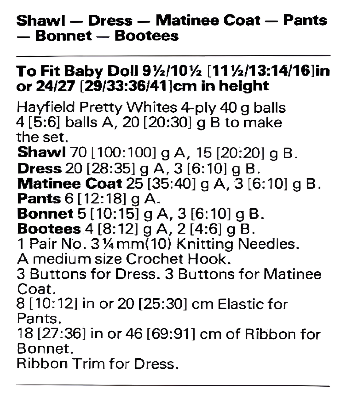 Materials and measurements for vintage baby doll layette knitting pattern — 6-piece, moss stitch and lace stitch, 4ply yarn, 3.25mm needles, fits doll height 9.5''–16'' (24–41 cm).

