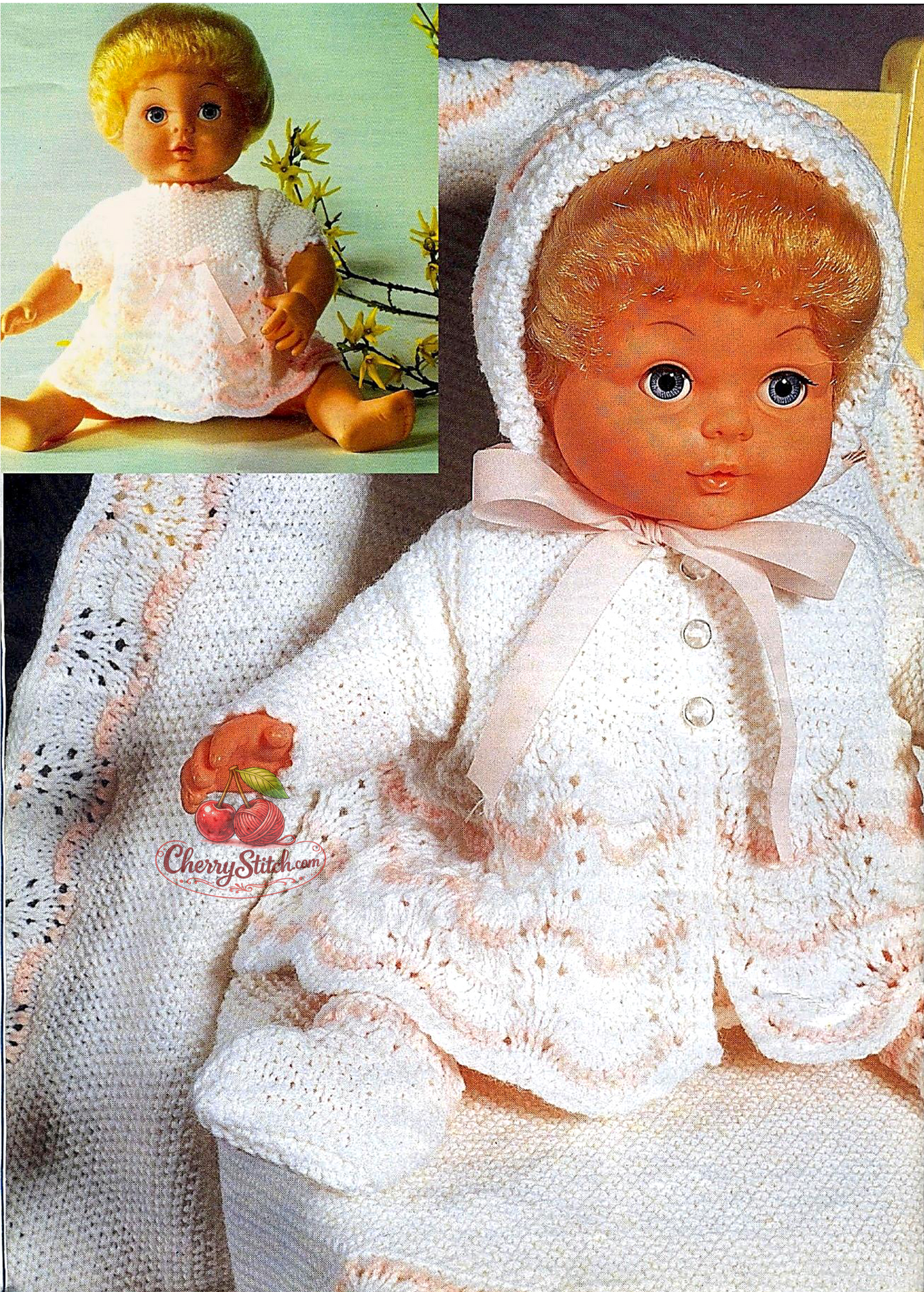Vintage baby doll layette knitting pattern — 6-piece set including shawl, dress, matinee coat, bonnet, pants and bootees in moss stitch and lace stitch. Fits Teenie Weenie, Tiny Tears and Berenguer dolls. 4ply yarn, fits doll height 9.5''–16'' (24–41 cm). Easy knitting.
