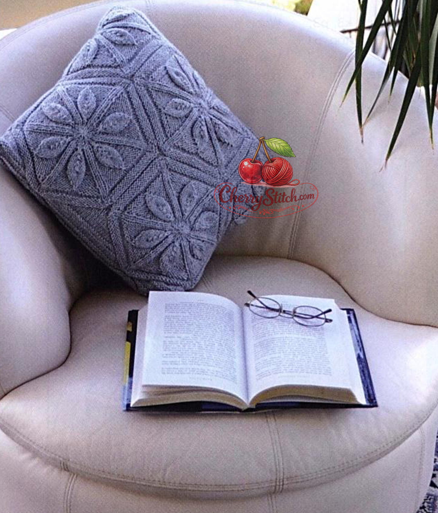 Vintage hexagon cushion knitting pattern — flowers, leaves and wheels motifs, each hexagon worked individually on double pointed needles. DK 8ply yarn, approx. 35×35 cm, each hexagon 21 cm. Intermediate knitting.

