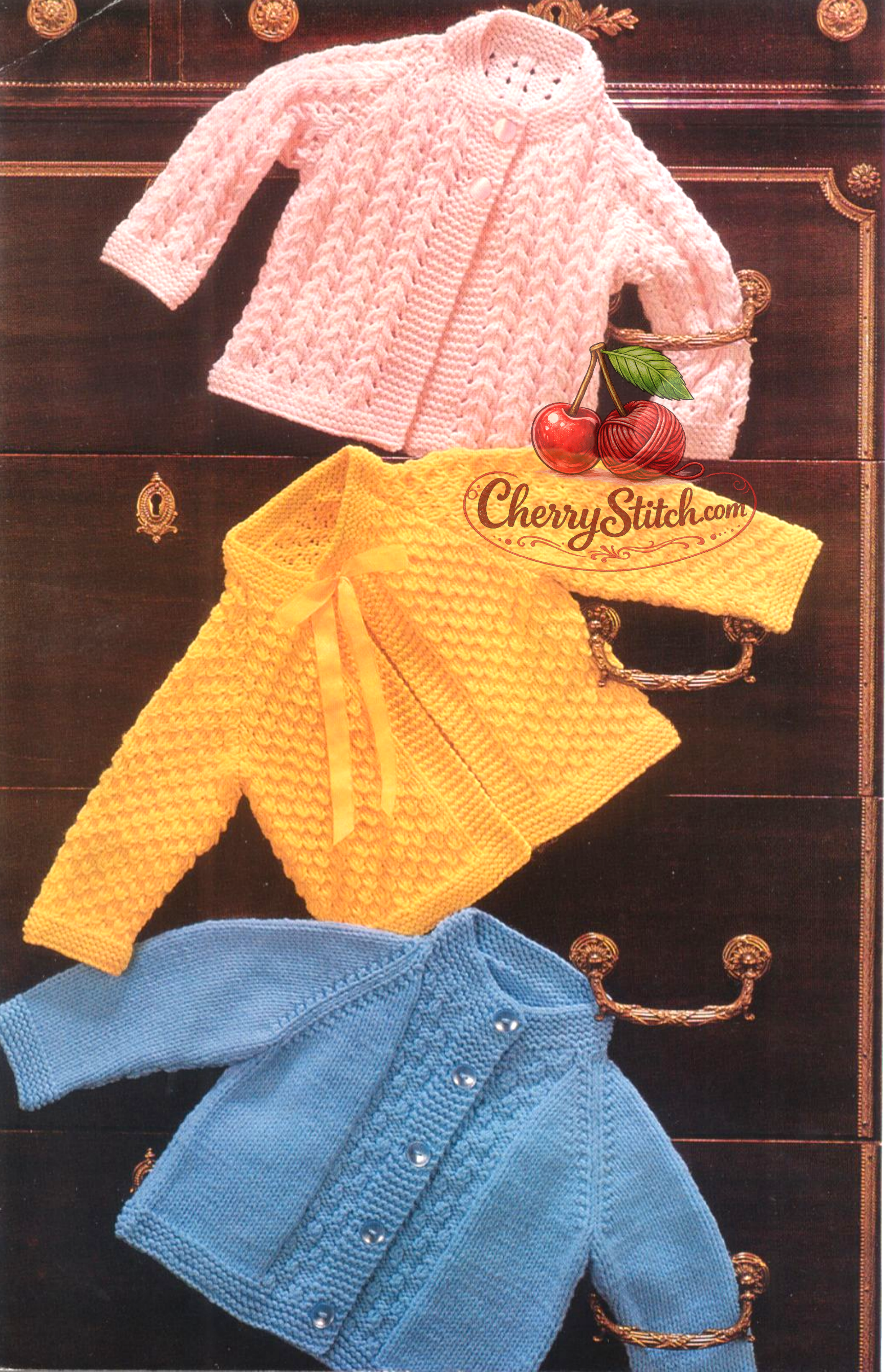 Vintage 1980s baby raglan jackets knitting pattern – 3 textured stitch designs in pink, yellow and blue