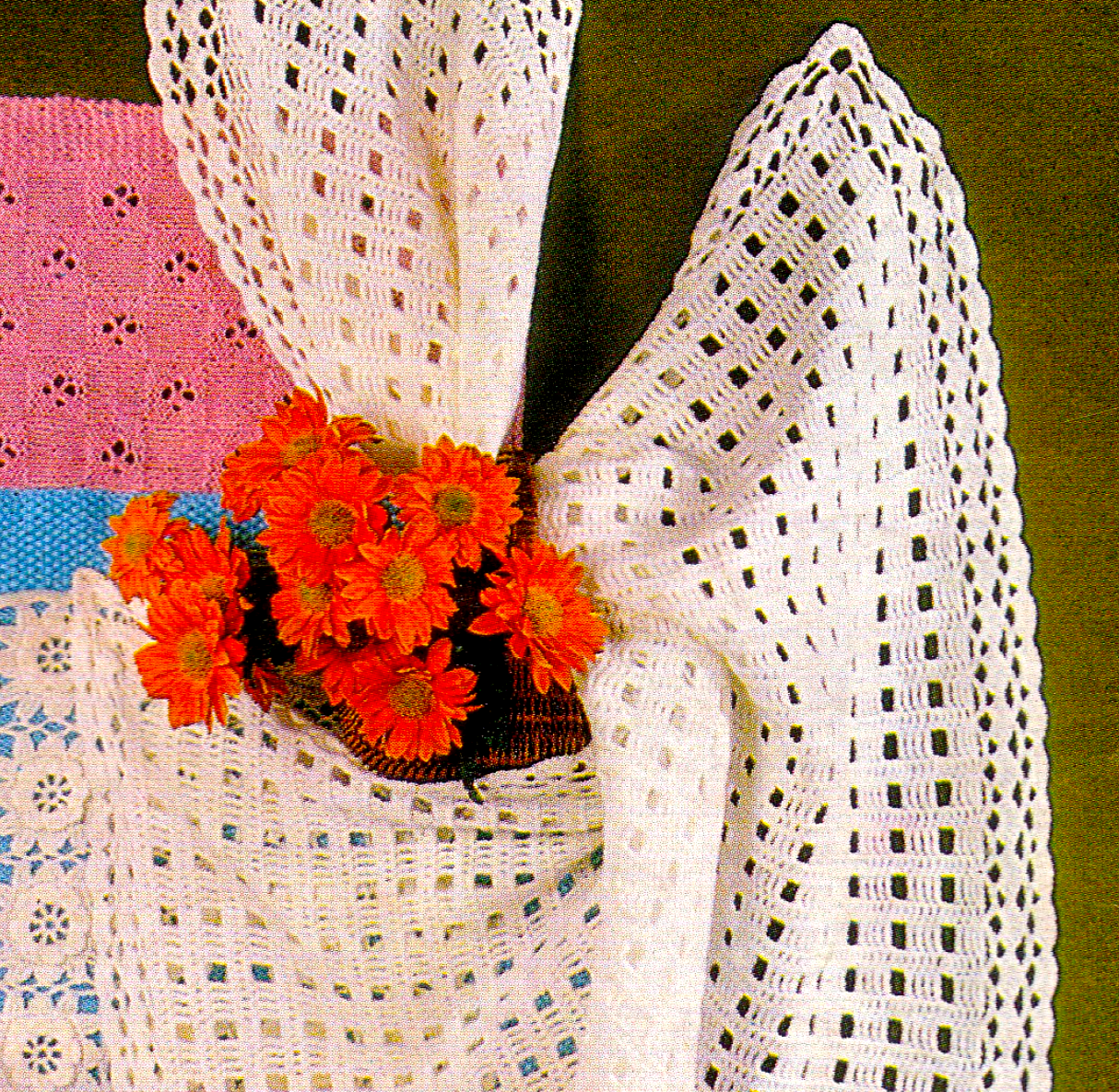 Close-up of white crocheted lace baby cover – restored vintage 1980s pattern