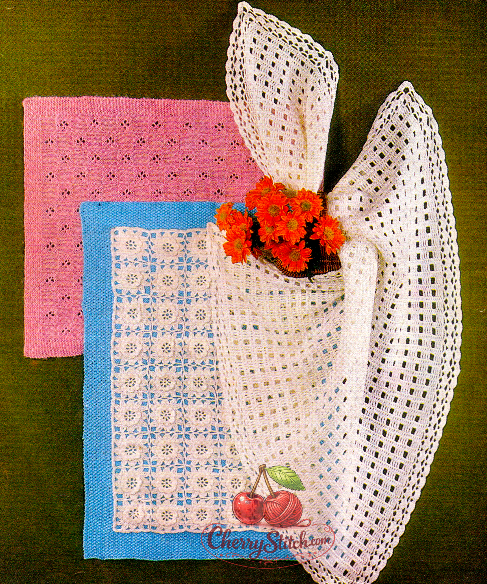 Three vintage 1980s baby lace covers – knitted, crocheted and combined knit & crochet designs