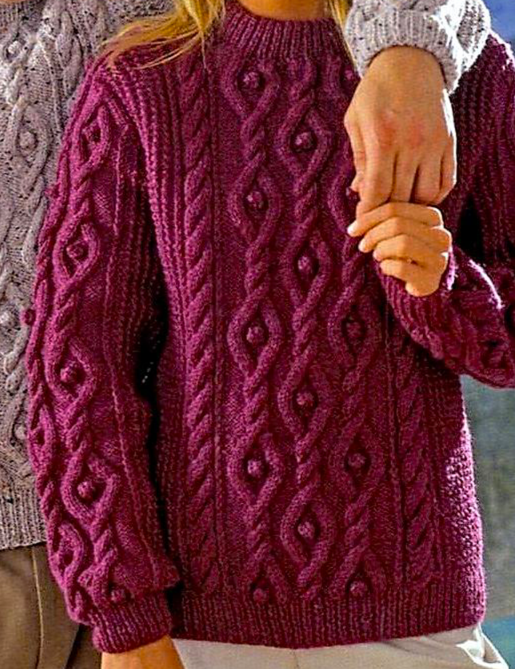 Classic Aran cable stitch detail from vintage traditional sweater knitting pattern — all written, no charts, Aran 10ply yarn, 34''–44'', teen to adult.

