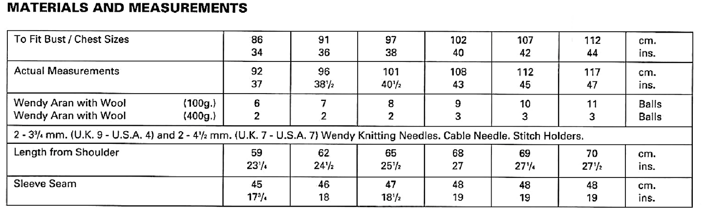 Materials and measurements for vintage traditional Aran cable sweater knitting pattern — classic Aran stitches, 10ply yarn, 3.75mm and 4.5mm needles, cable needle, stitch holder, 34''–44'' chest.

