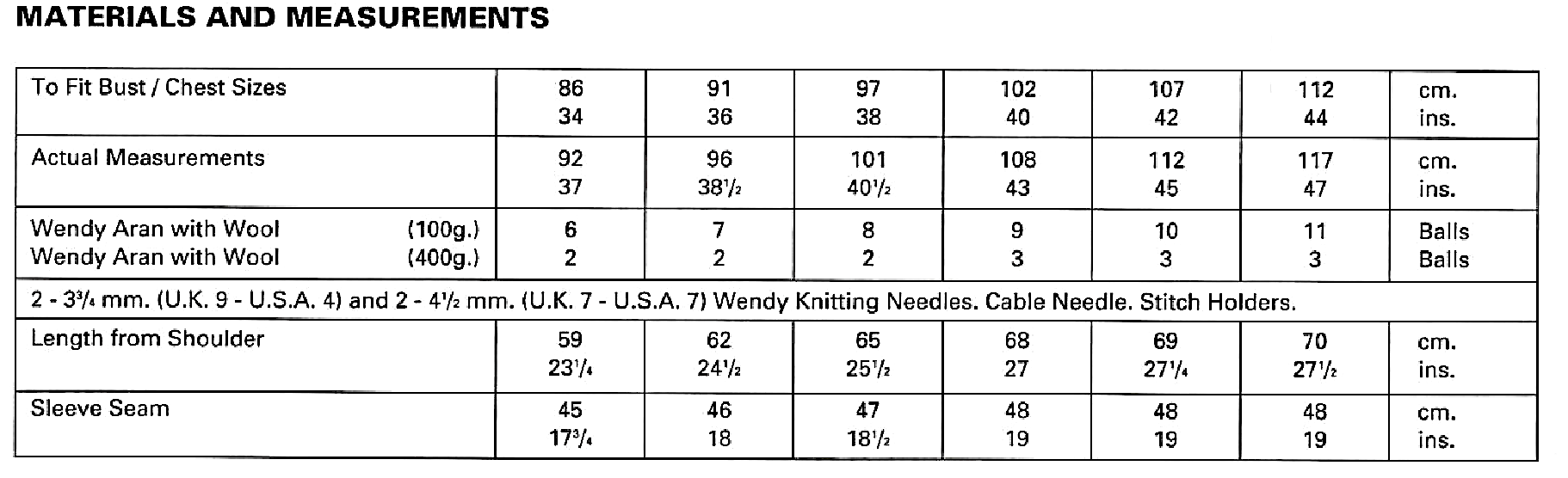 Materials and measurements for vintage traditional Aran cable sweater knitting pattern — classic Aran stitches, 10ply yarn, 3.75mm and 4.5mm needles, cable needle, stitch holder, 34''–44'' chest.

