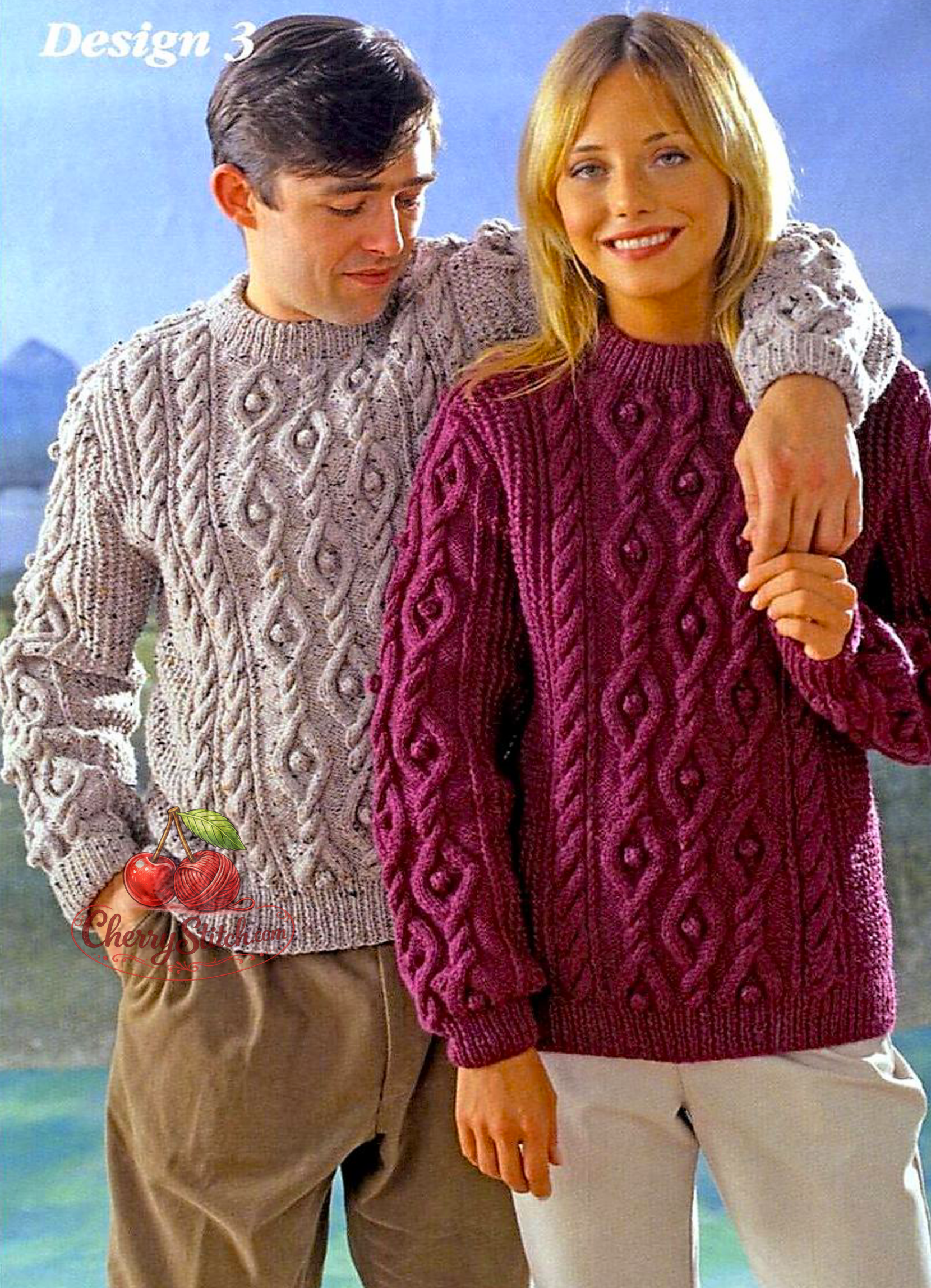 Vintage traditional Aran cable sweater knitting pattern for women, men and teenagers — variety of classic Aran stitch patterns, all written, no charts, worked bottom up. Aran 10ply yarn, 34''–44'' chest, approx. 14 years to adult, 6 sizes. Intermediate knitting.

