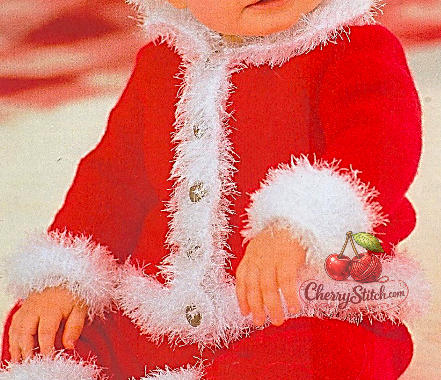 Detail from vintage baby Santa suit knitting pattern — jacket, trousers and pom pom hat, red and white stocking stitch, Funky Fur trim, DK 8ply yarn, 0–24 months.

