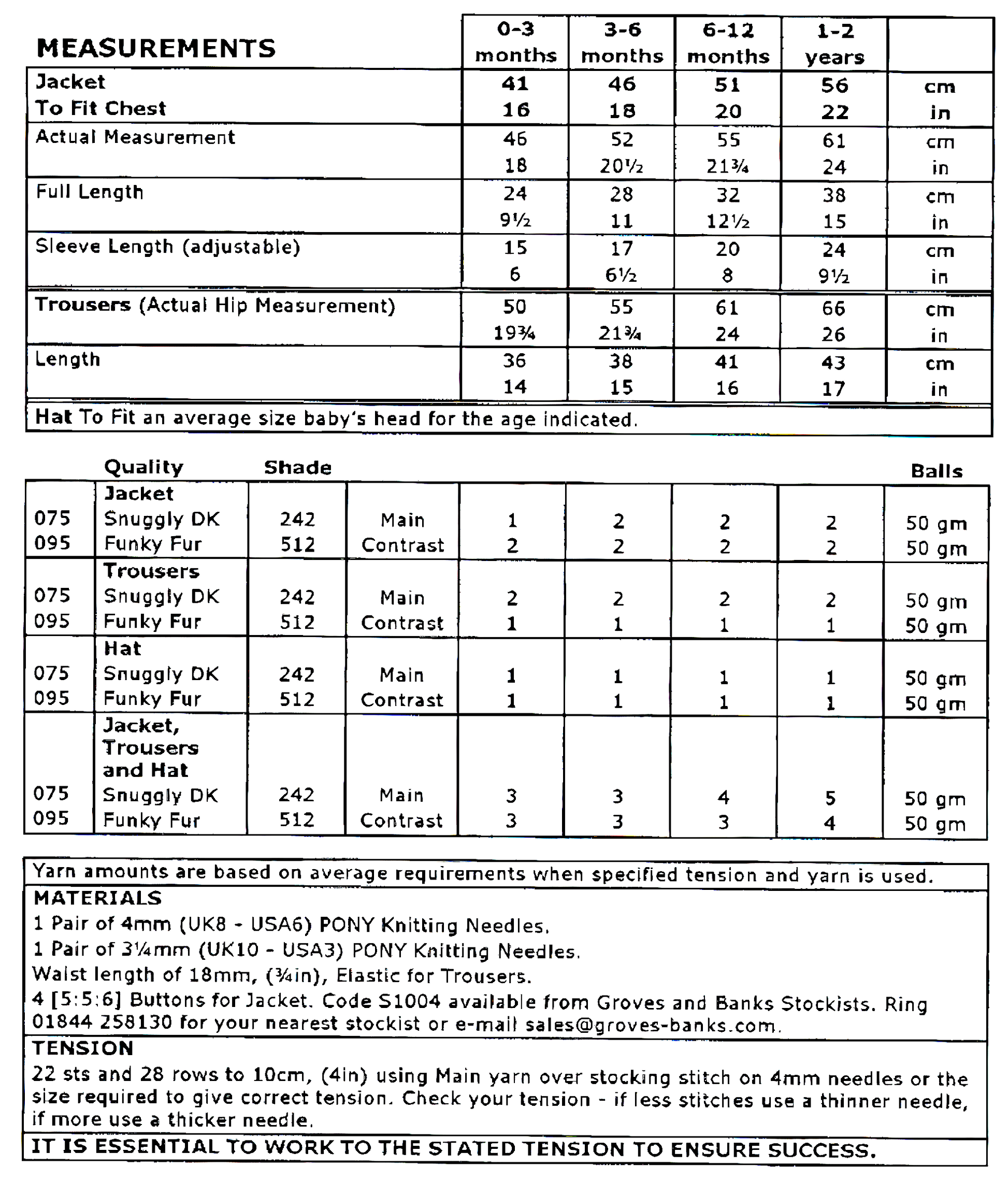 Materials and measurements for vintage baby Santa suit knitting pattern — jacket, trousers and pom pom hat, DK 8ply and Funky Fur yarn, 4mm and 3.25mm needles, elastic and buttons, 16''–22'' (41–56 cm), 0–24 months.

