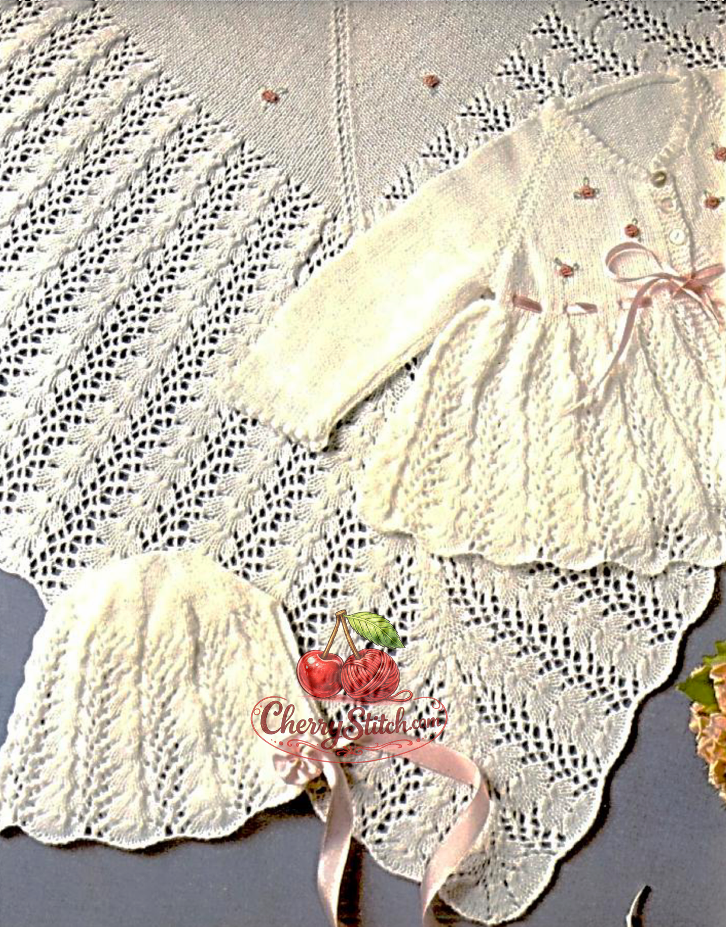 Lace stitch detail from vintage baby lacy layette knitting pattern — dress, matinee jacket, bonnet, bootees and shawl, 3ply fingering yarn, birth to 12 months.

