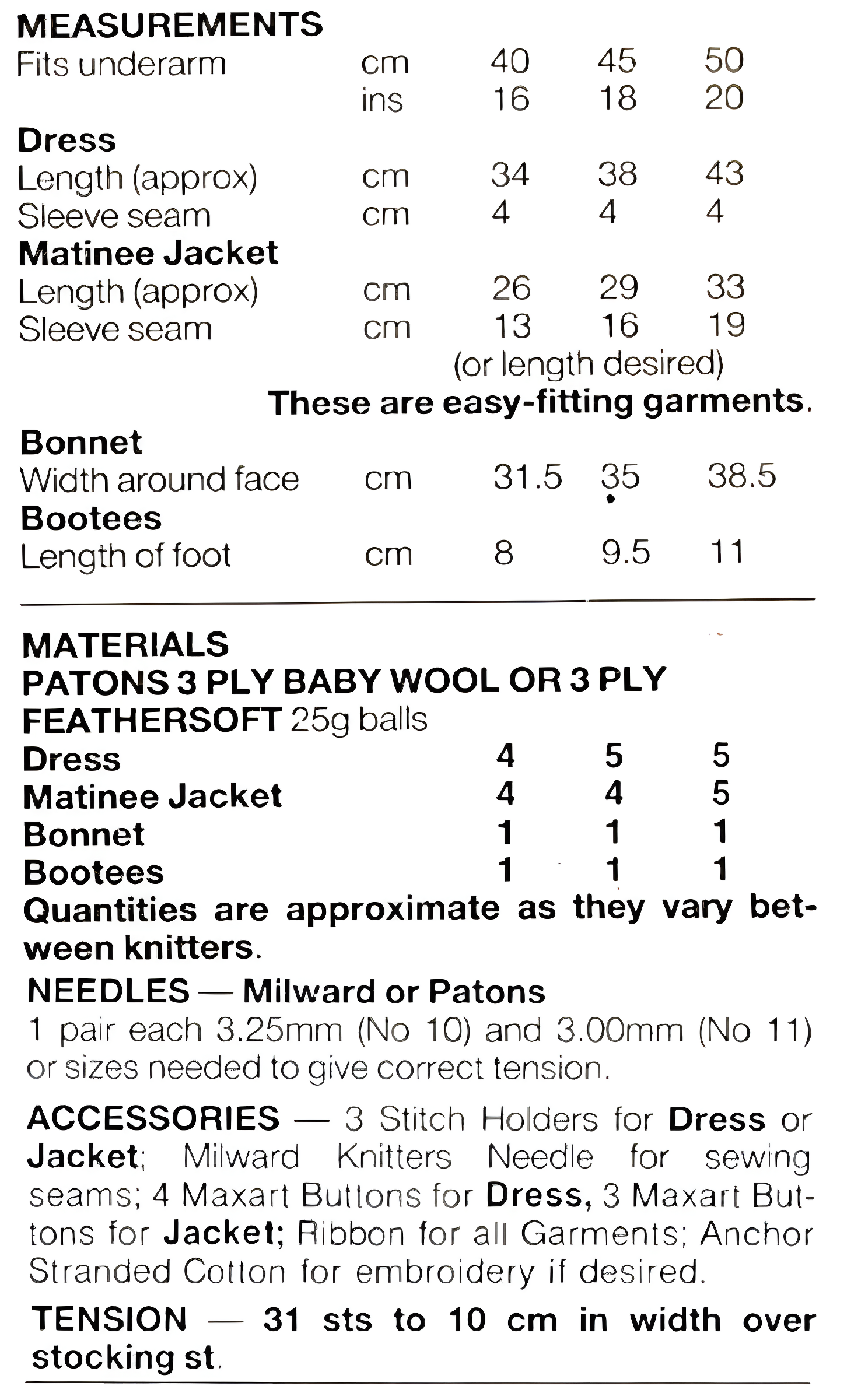 Materials and measurements for vintage baby lacy layette knitting pattern — 5-piece christening set, 3ply fingering yarn, 3.25mm and 3mm needles, 4mm 80cm circular needle, stitch holders, buttons and ribbon, 16''–20'' (40–50 cm), birth to 12 months.

