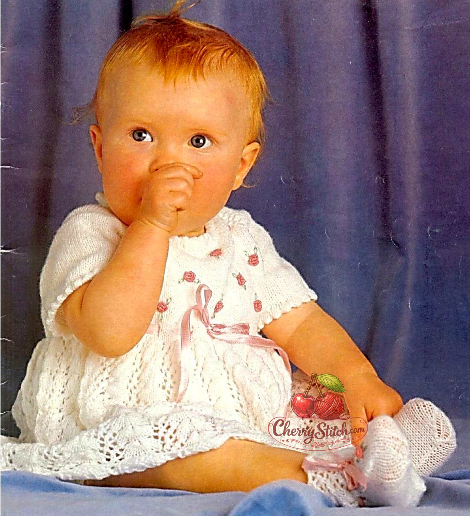 Vintage baby lacy layette knitting pattern — 5-piece christening set including dress, matinee jacket, bonnet, bootees and shawl, all in lace stitch. 3ply fingering yarn, 16''–20'' (40–50 cm) chest, approx. birth to 12 months, shawl approx. 120×120 cm. Intermediate knitting. 1970s.
