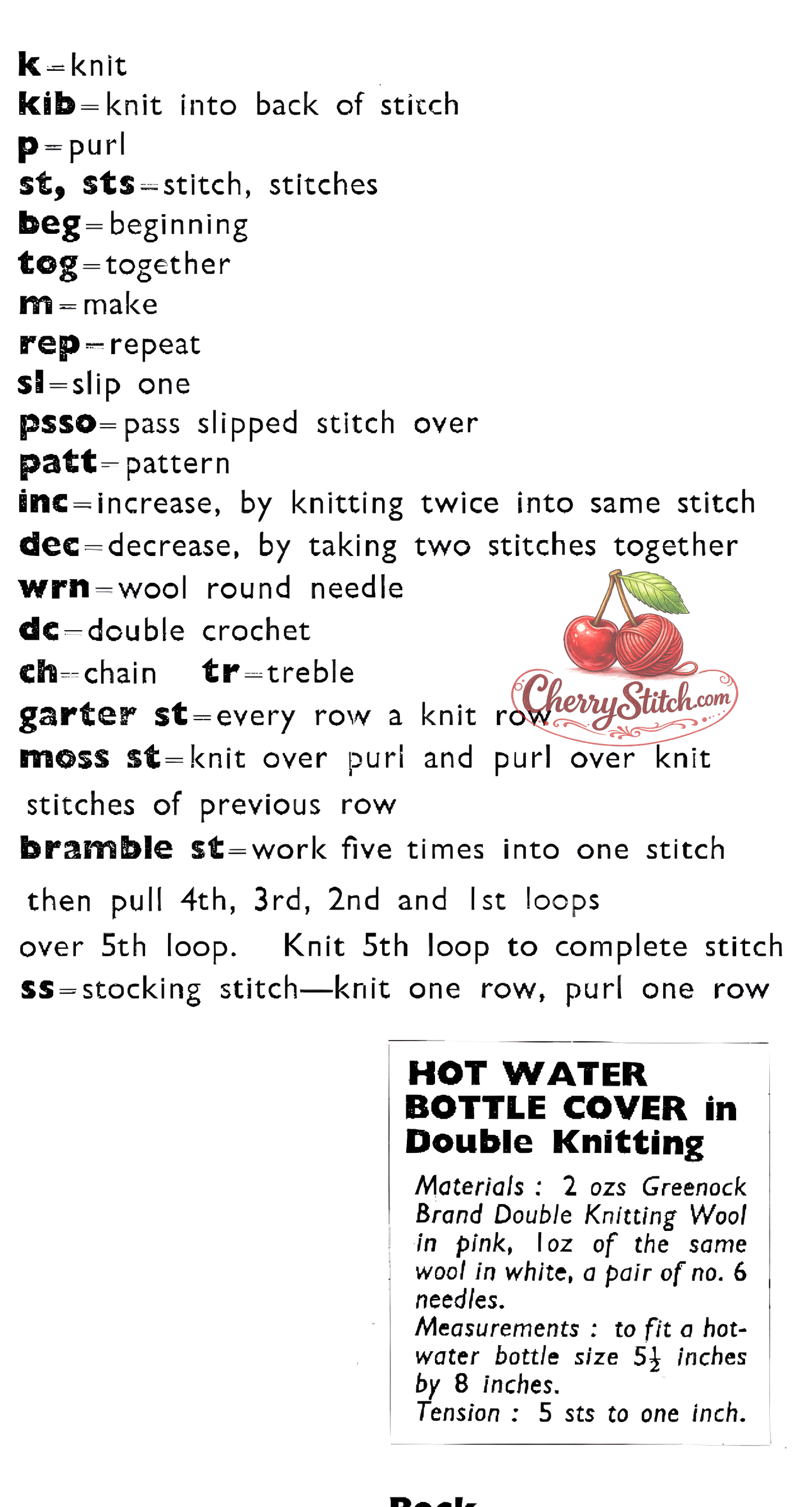 Materials and measurements for vintage bunny rabbit hot water bottle cover knitting pattern — DK 8ply yarn, 5mm needles, fits 5.5''×8'' hot water bottle.
