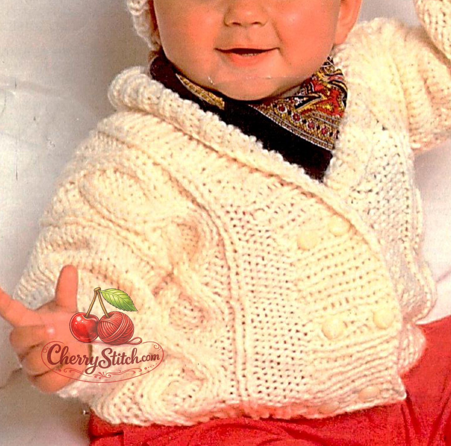 Cable and shawl collar detail from vintage baby and child chunky jacket and hat knitting pattern — double breasted, chunky bulky yarn, 20''–26'', 12 months to 6 years, 1970s.

