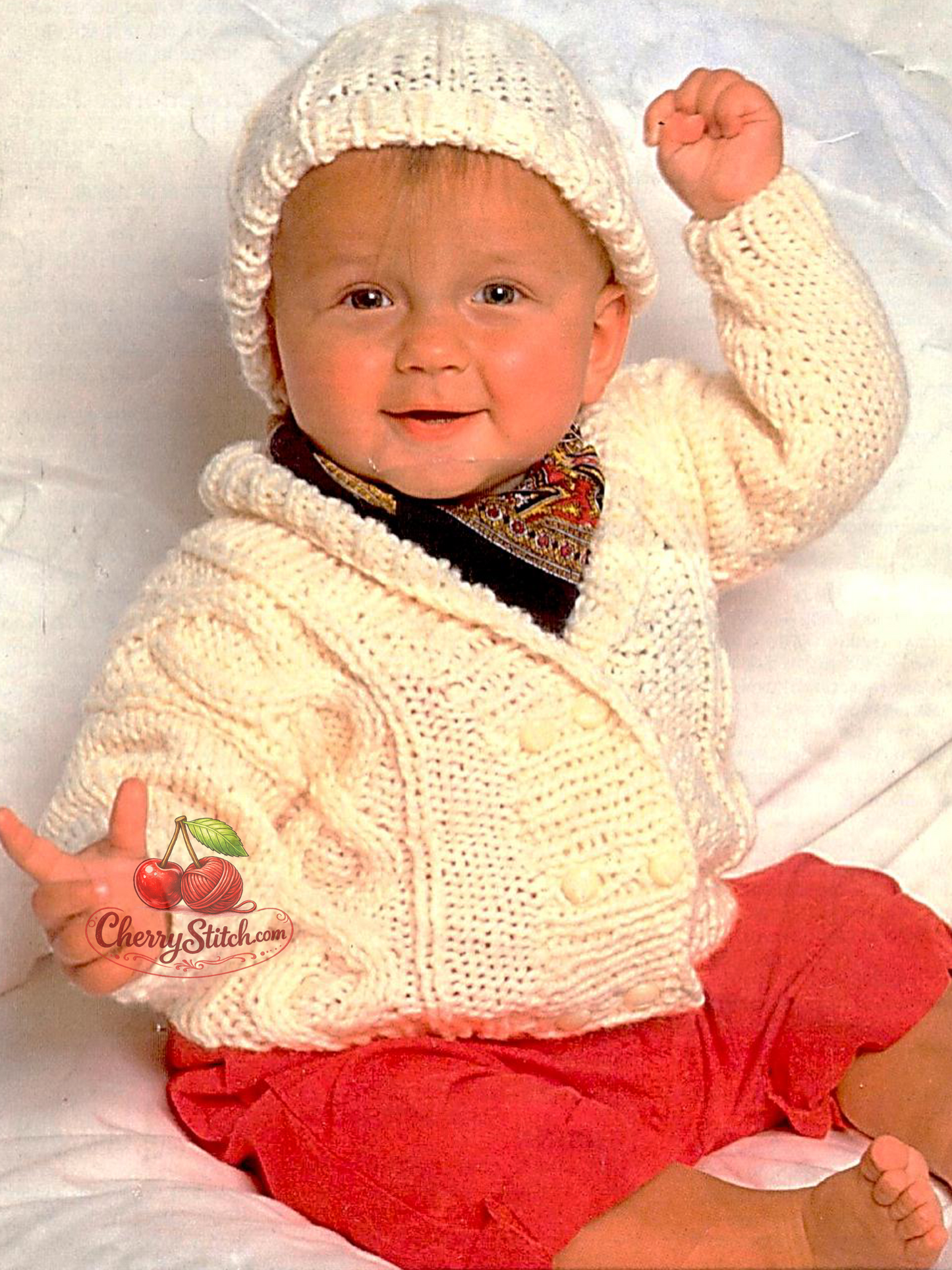Vintage baby and child chunky cable jacket and hat knitting pattern — double breasted jacket with shawl collar and matching hat, worked bottom up. Chunky bulky yarn, 20''–26'' (51–66 cm) chest, approx. 12 months to 6 years. Intermediate knitting. 1970s.

