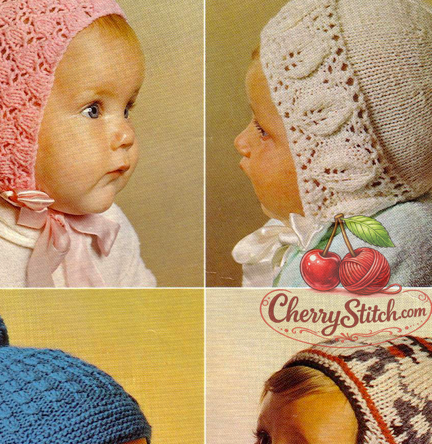Lacy bonnet and helmet detail from vintage baby headwear knitting pattern — 2 lacy bonnets, Peruvian helmet and peaked helmet, 4ply and DK 8ply yarn, 0–15 months, 1960s.
