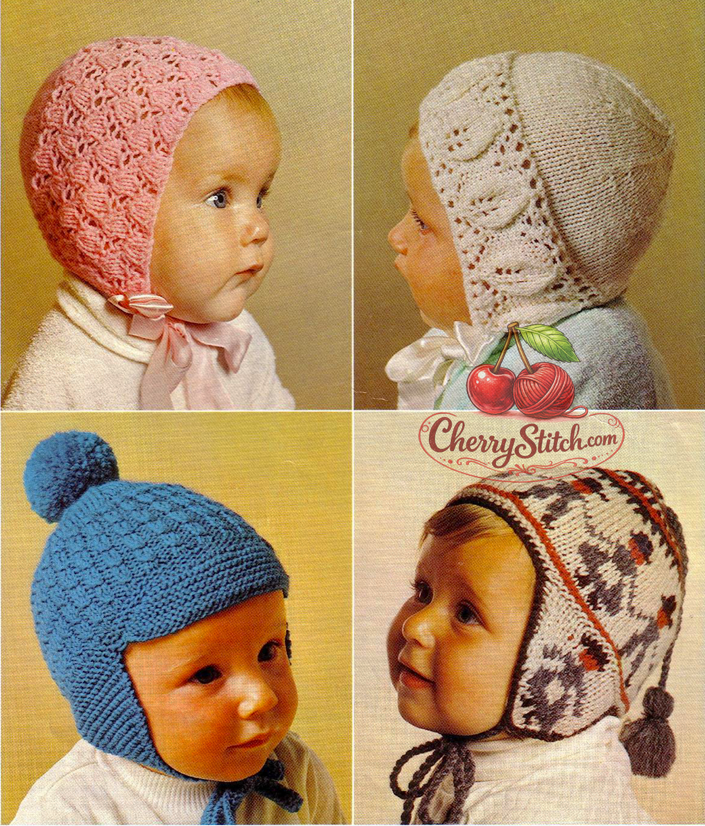Vintage baby bonnets and helmets knitting pattern — 4 designs including 2 lacy bonnets and Peruvian and peaked helmets, worked with two needles. 4ply and DK 8ply yarn, bonnets up to 6 months, helmets 9–15 months. Intermediate knitting. 1960s.

