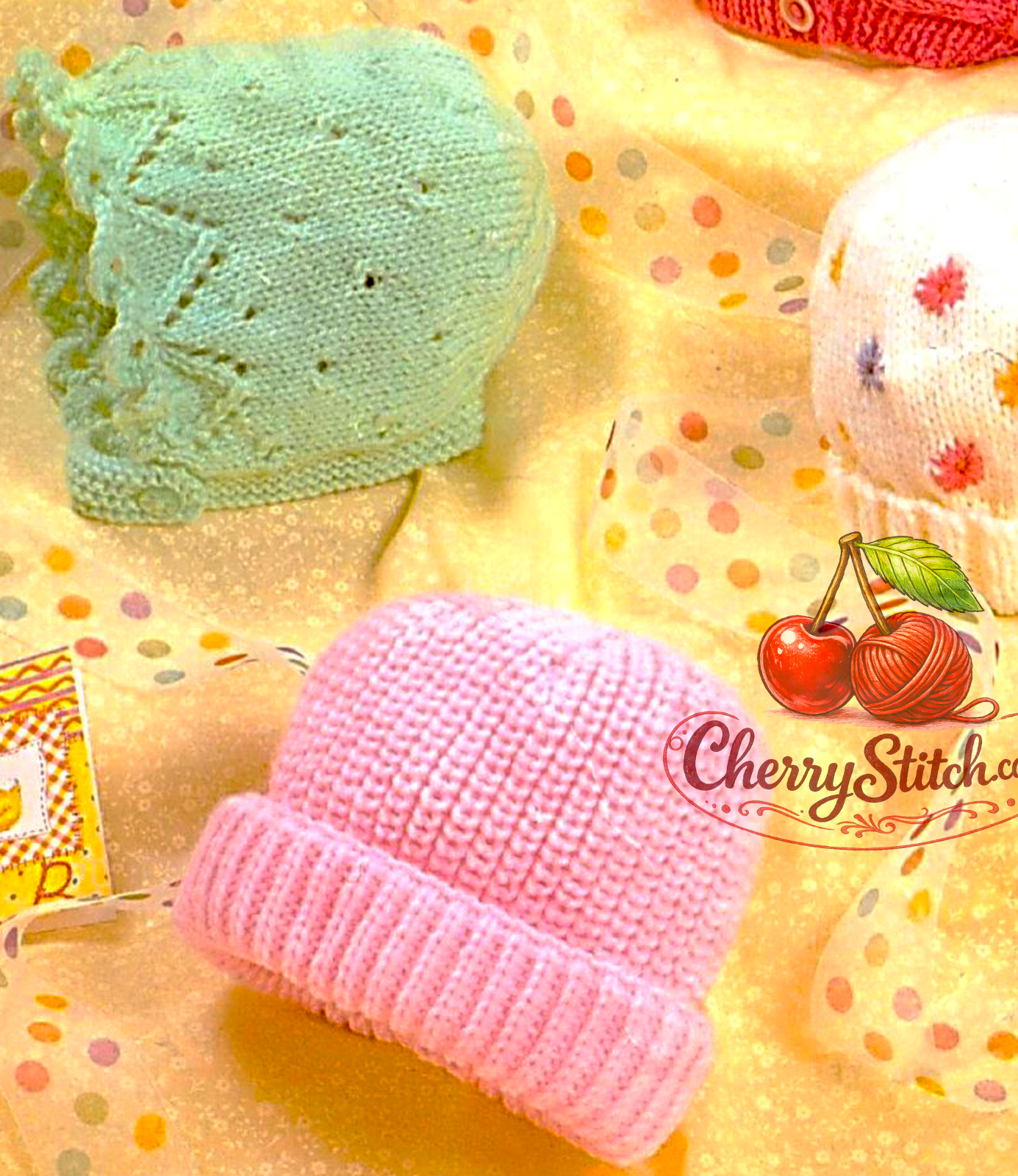 Lacy bonnet and ribbed hat detail from vintage baby hats and bonnets knitting pattern — 5 designs, DK 8ply yarn, birth to 2 years.

